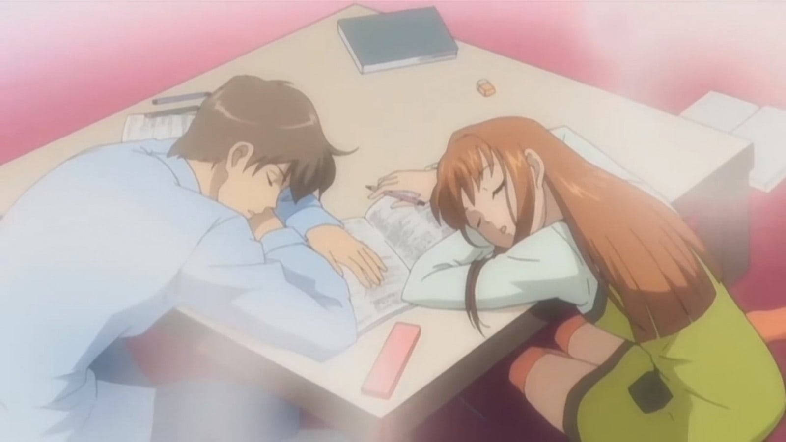 Romantic Anime Couples Sleeping On Table Background