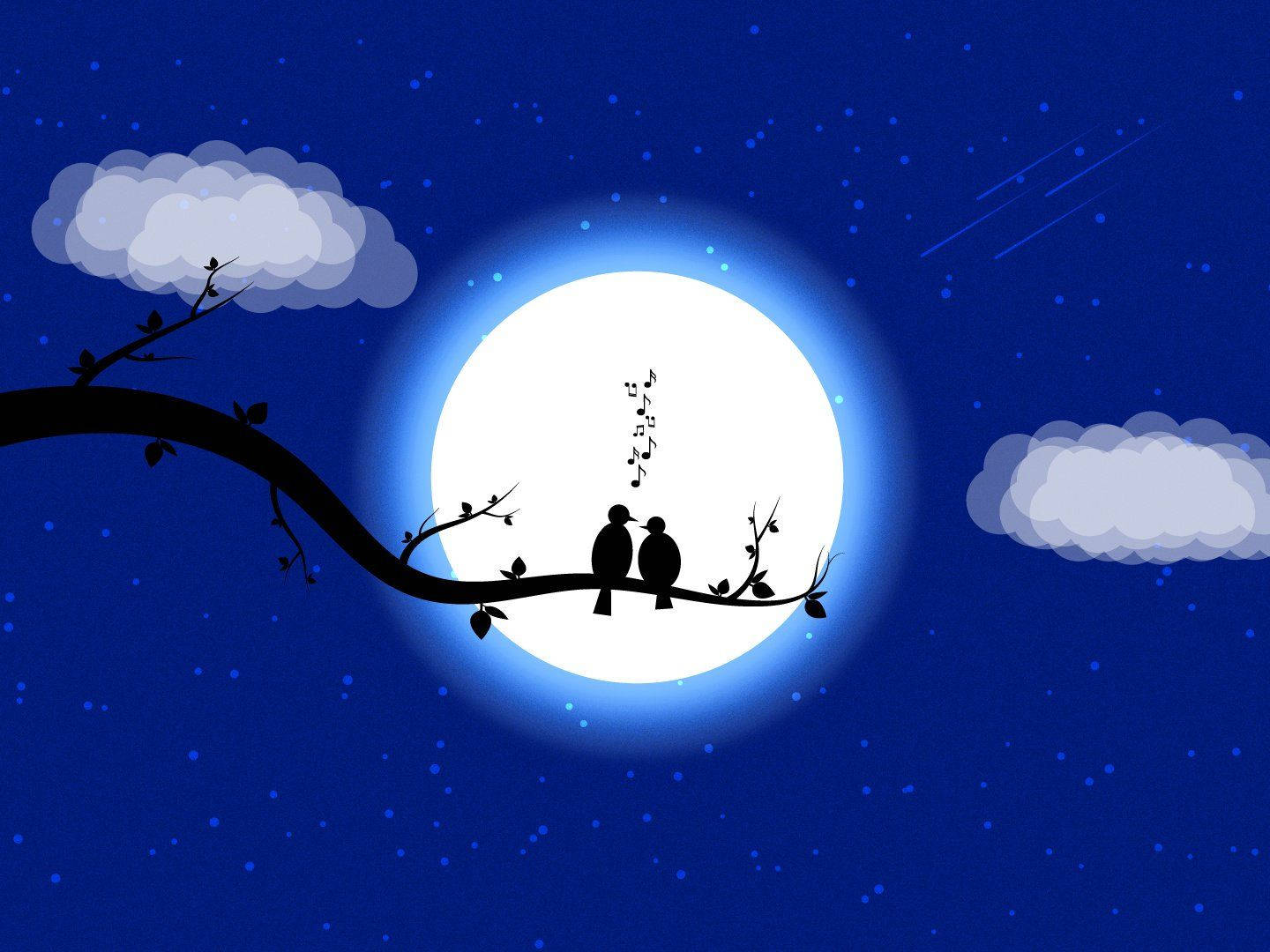 Romantic Birds And A Moon Background