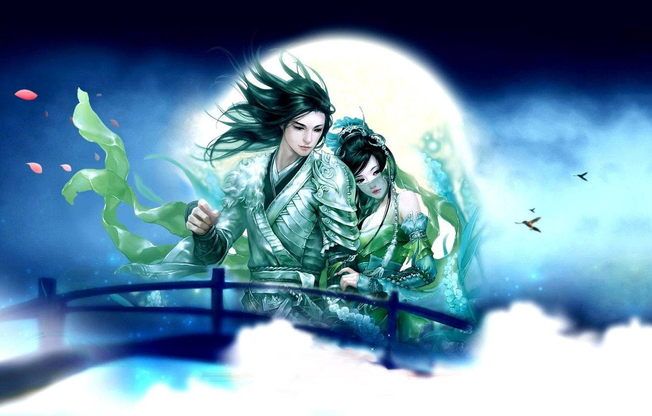 Romantic Chinese Caricature With The Moon Background