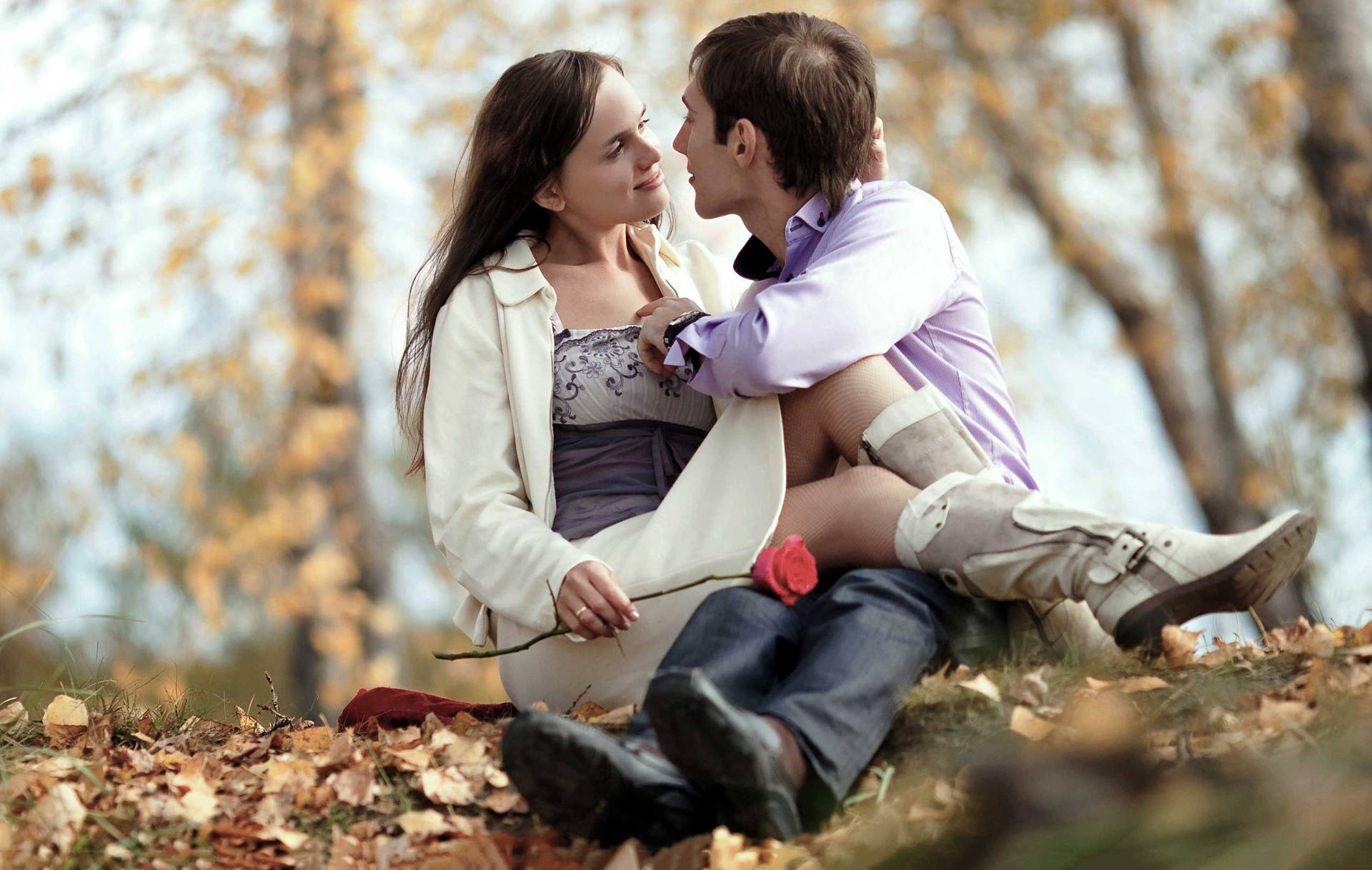 Romantic Couple Autumn Leaves Background
