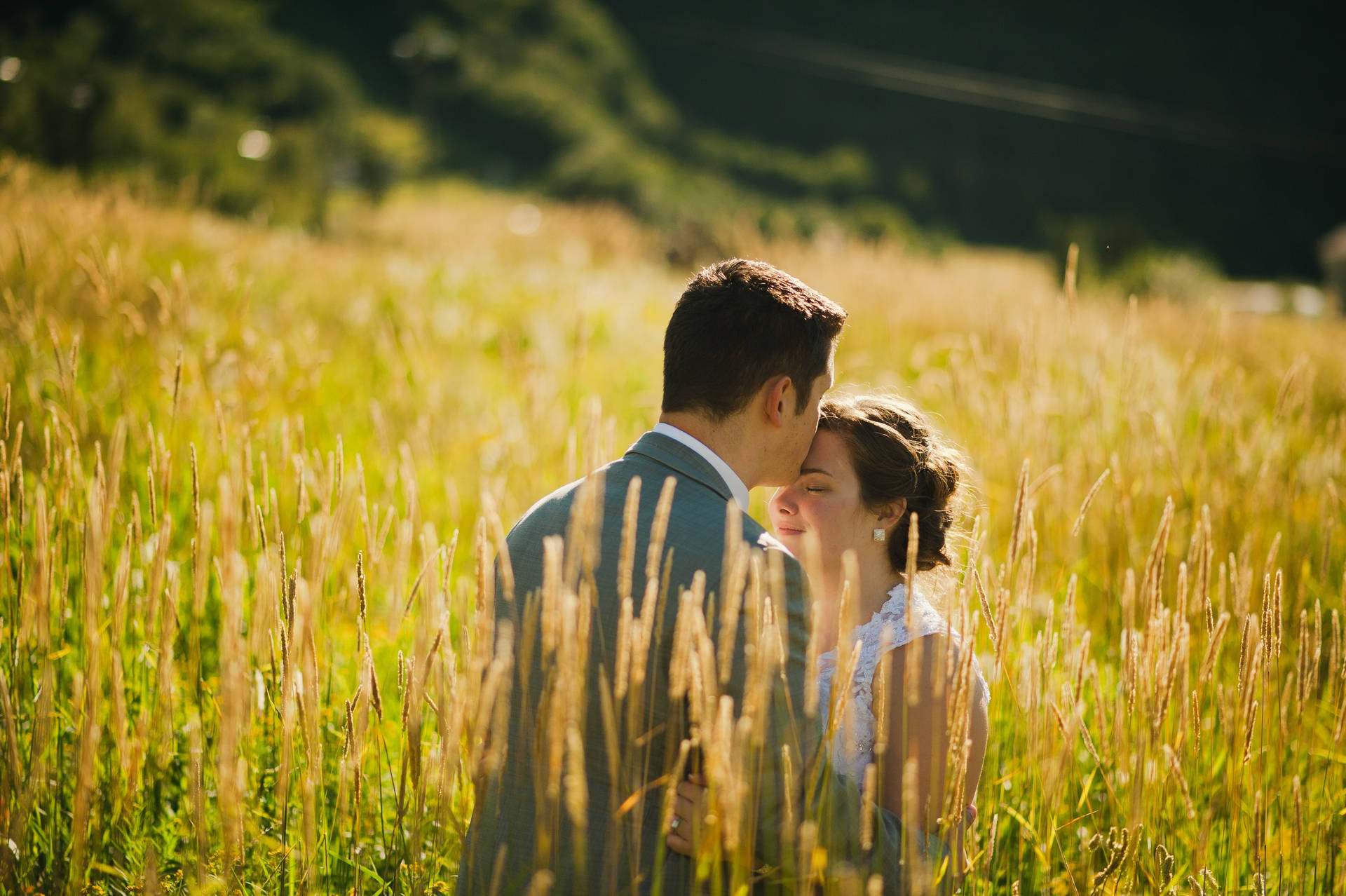 Romantic Couple Kiss In Golden Field Background