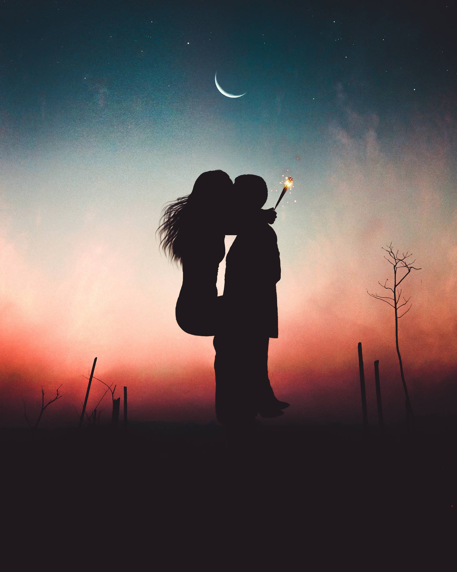 Romantic Couple Lift And Kiss Silhouette Background