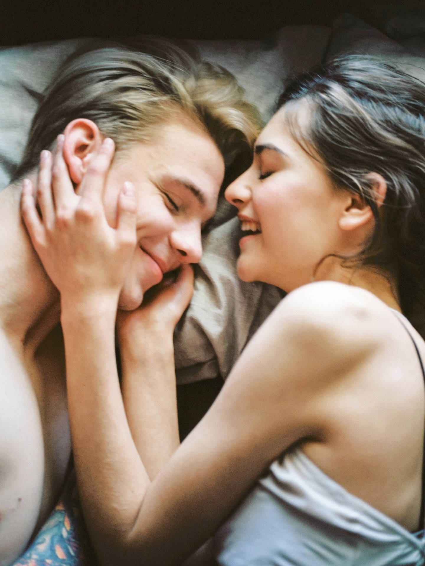 Romantic Couple Morning Smiles In Bed
