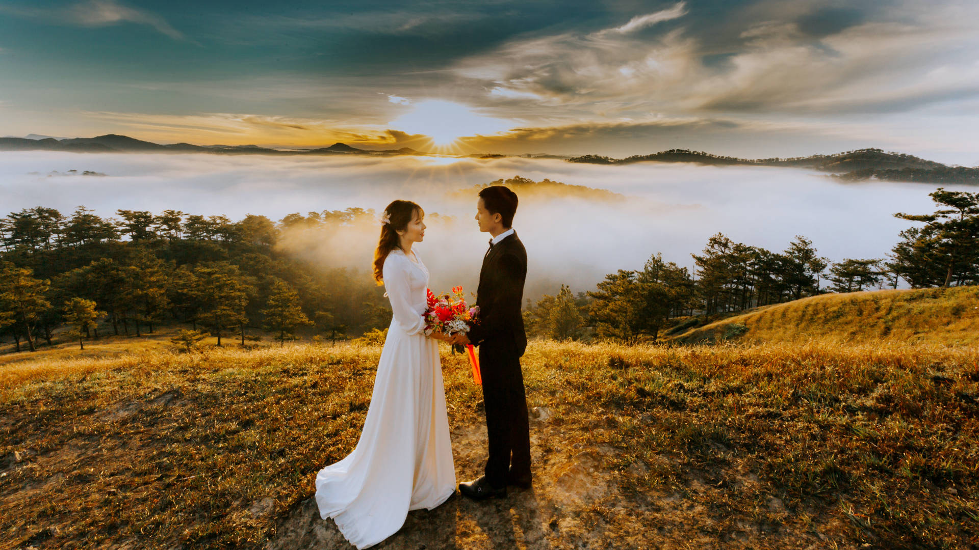 Romantic Couple Prenup On Hill Top Background