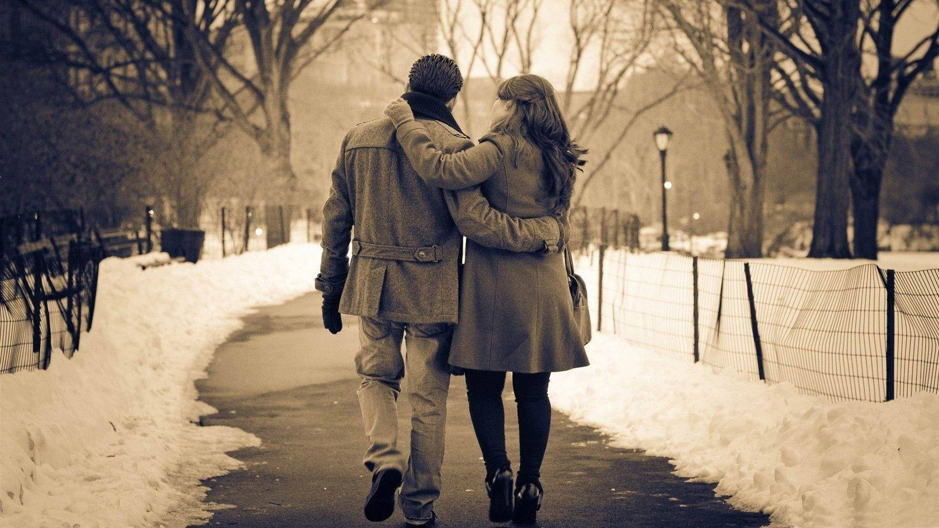 Romantic Couples In Winter Background