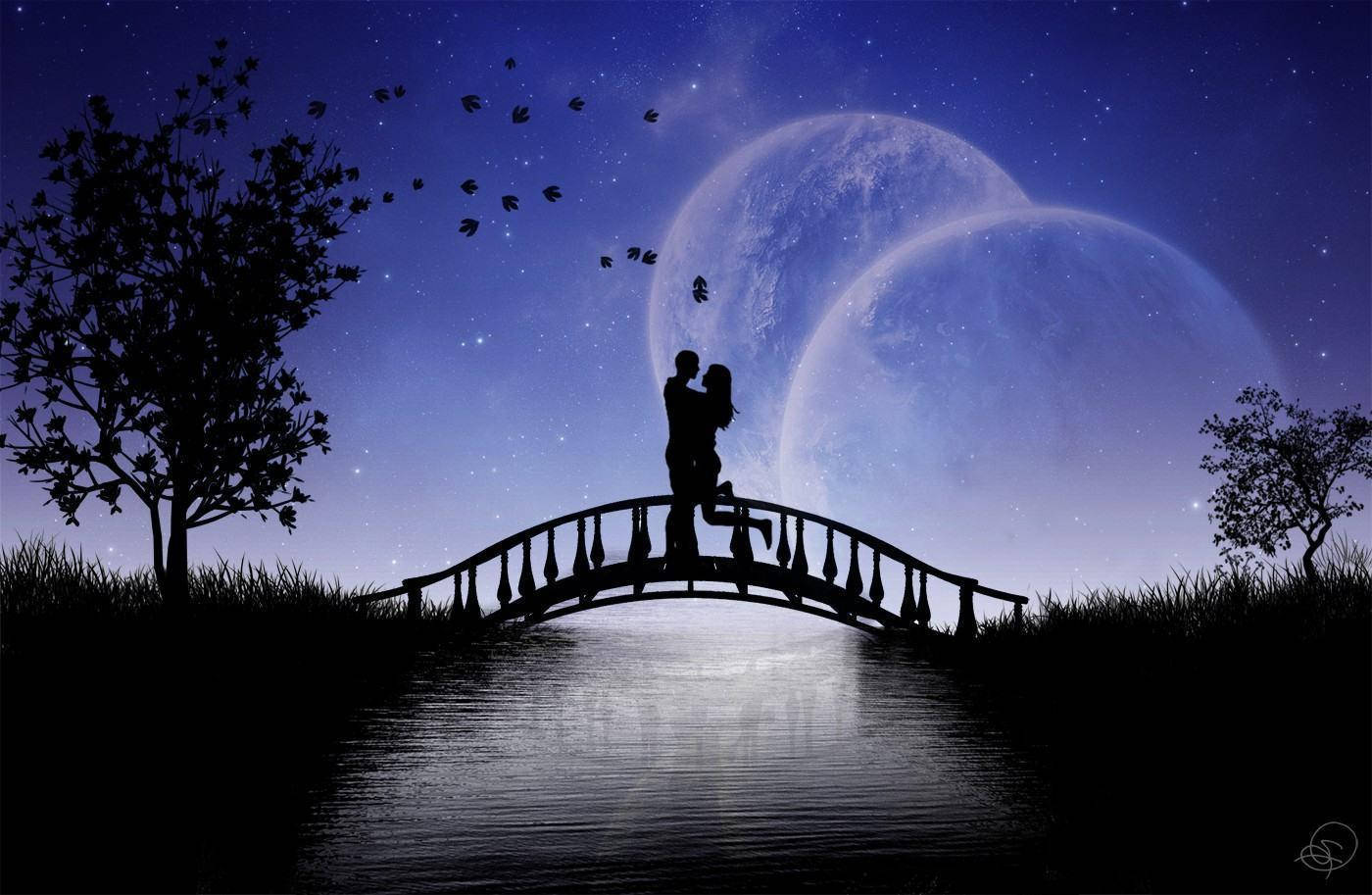Romantic Couples On Night Bridge Background