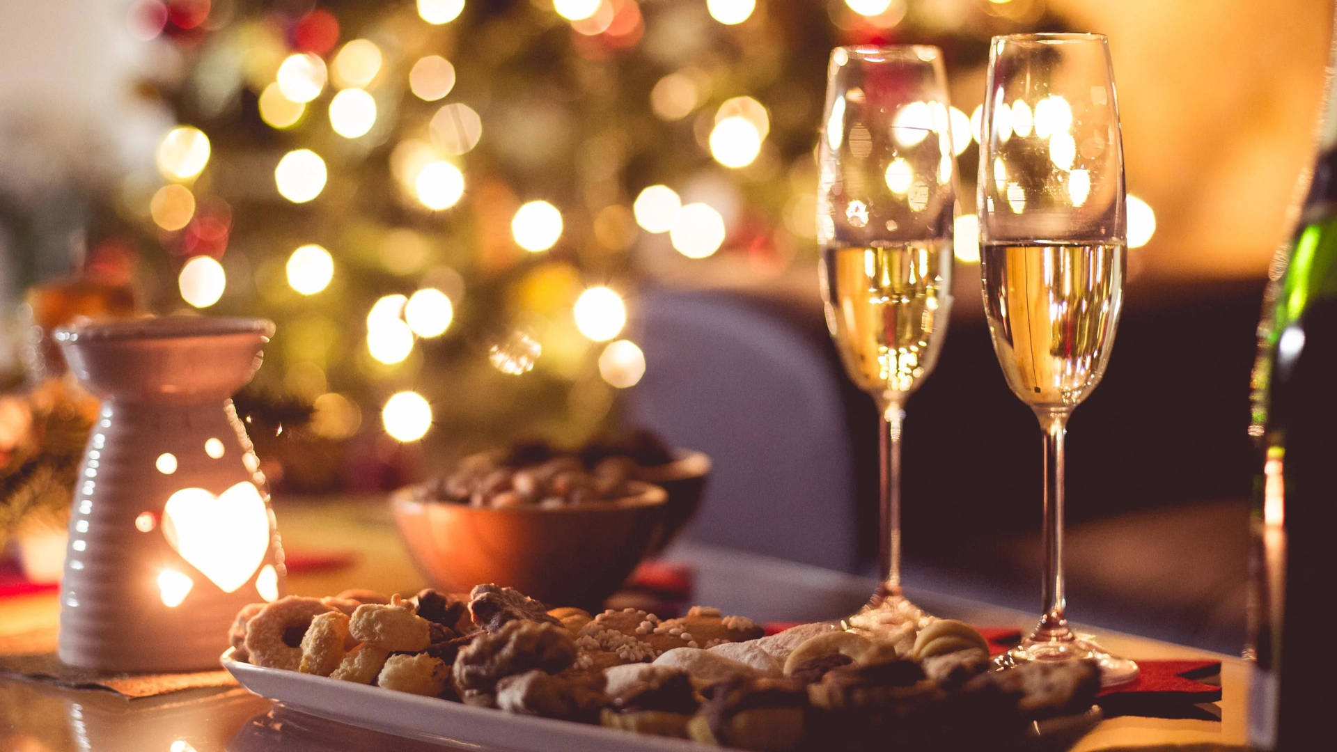 Romantic Dinner Set With Glasses Of Champagne Background