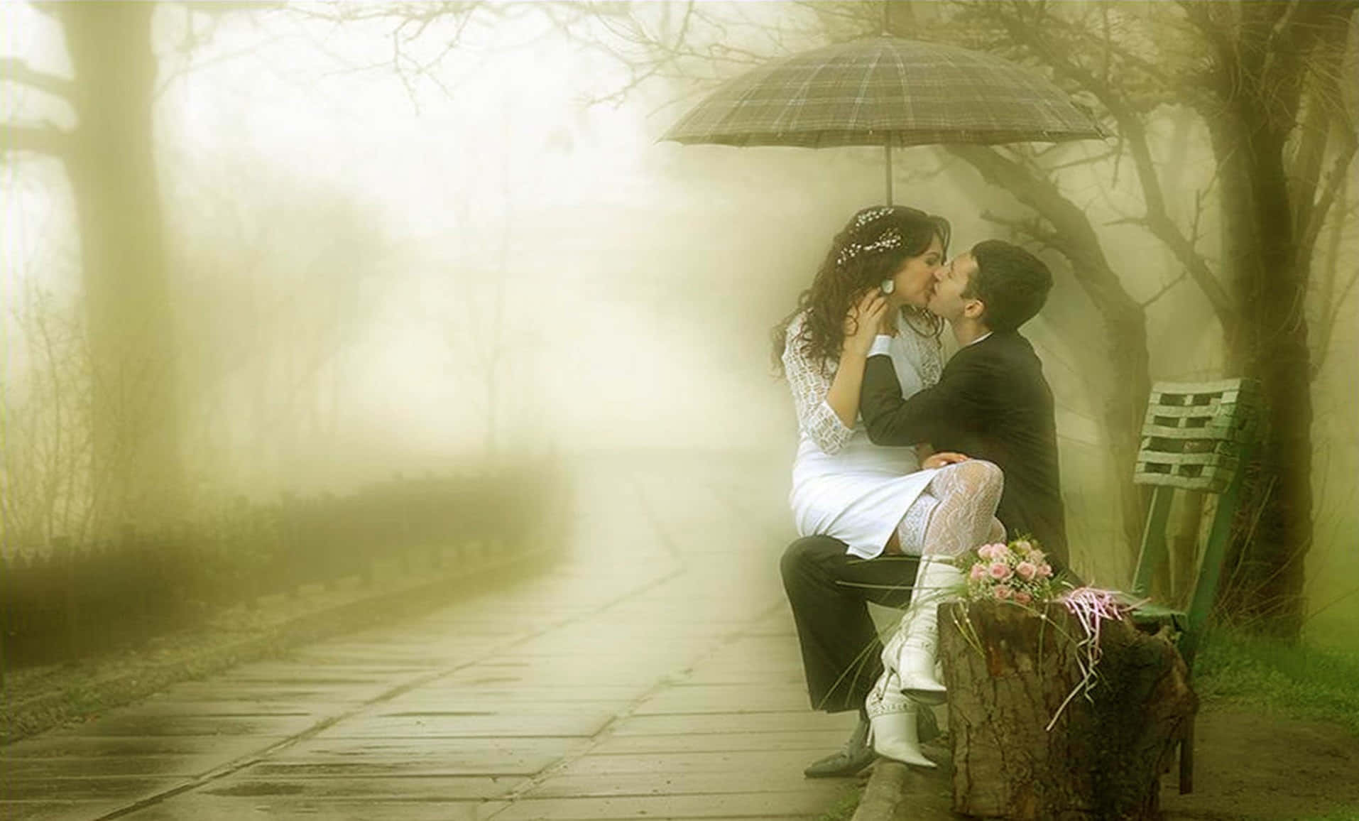 Romantic Kiss In Rain Background
