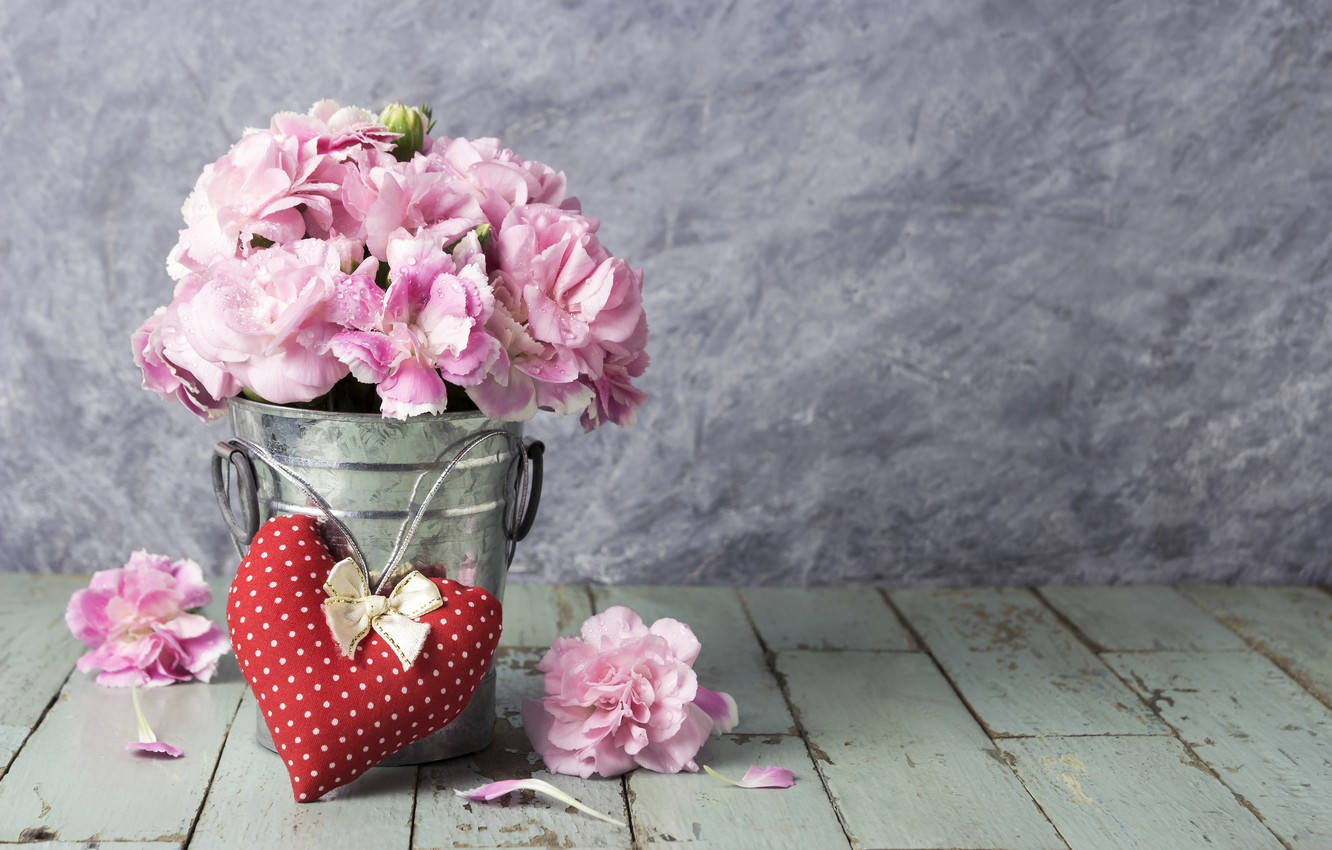 Romantic Love Flowers Carnations In A Bucket Background