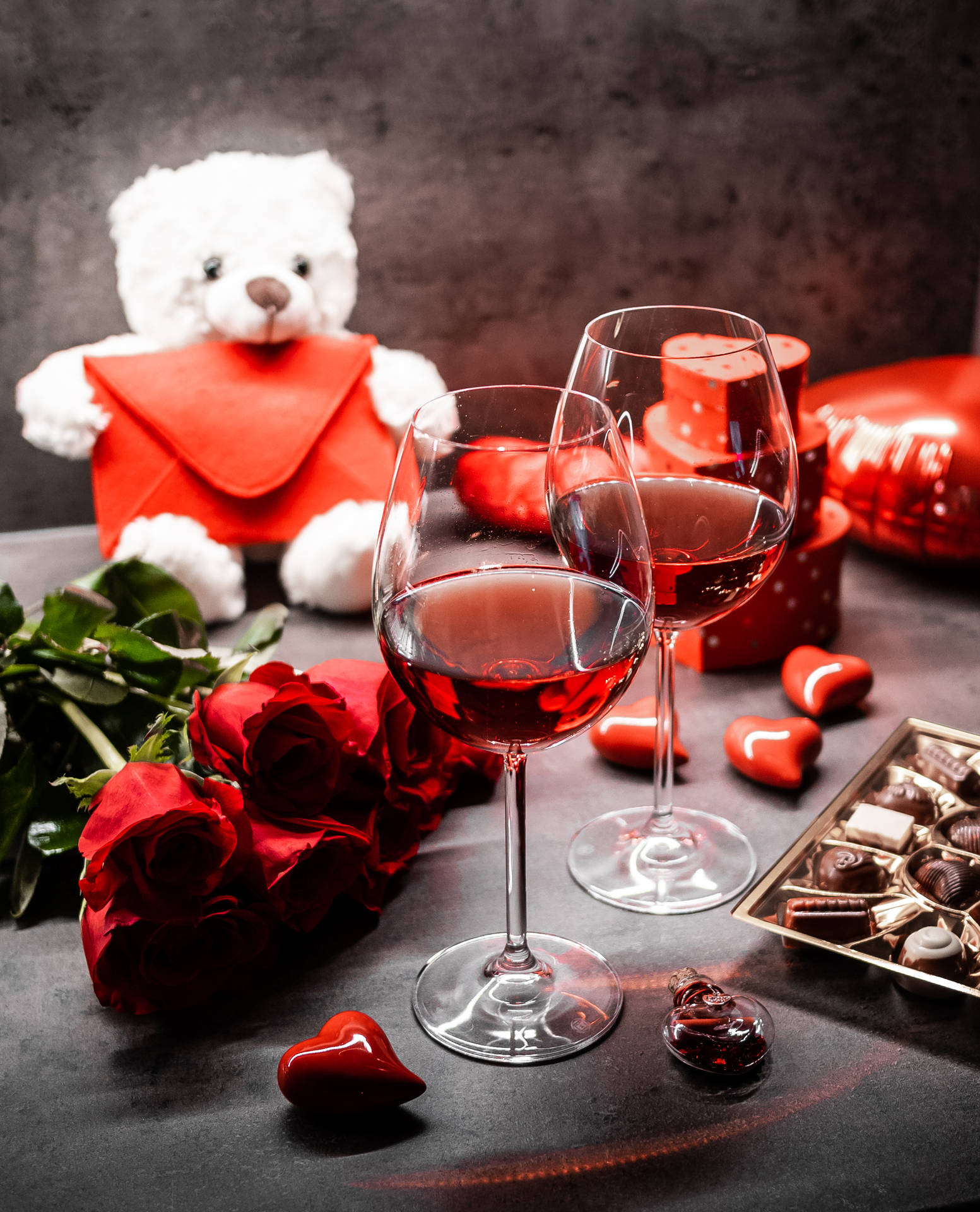 Romantic Love Flowers Red Roses And Wine Background