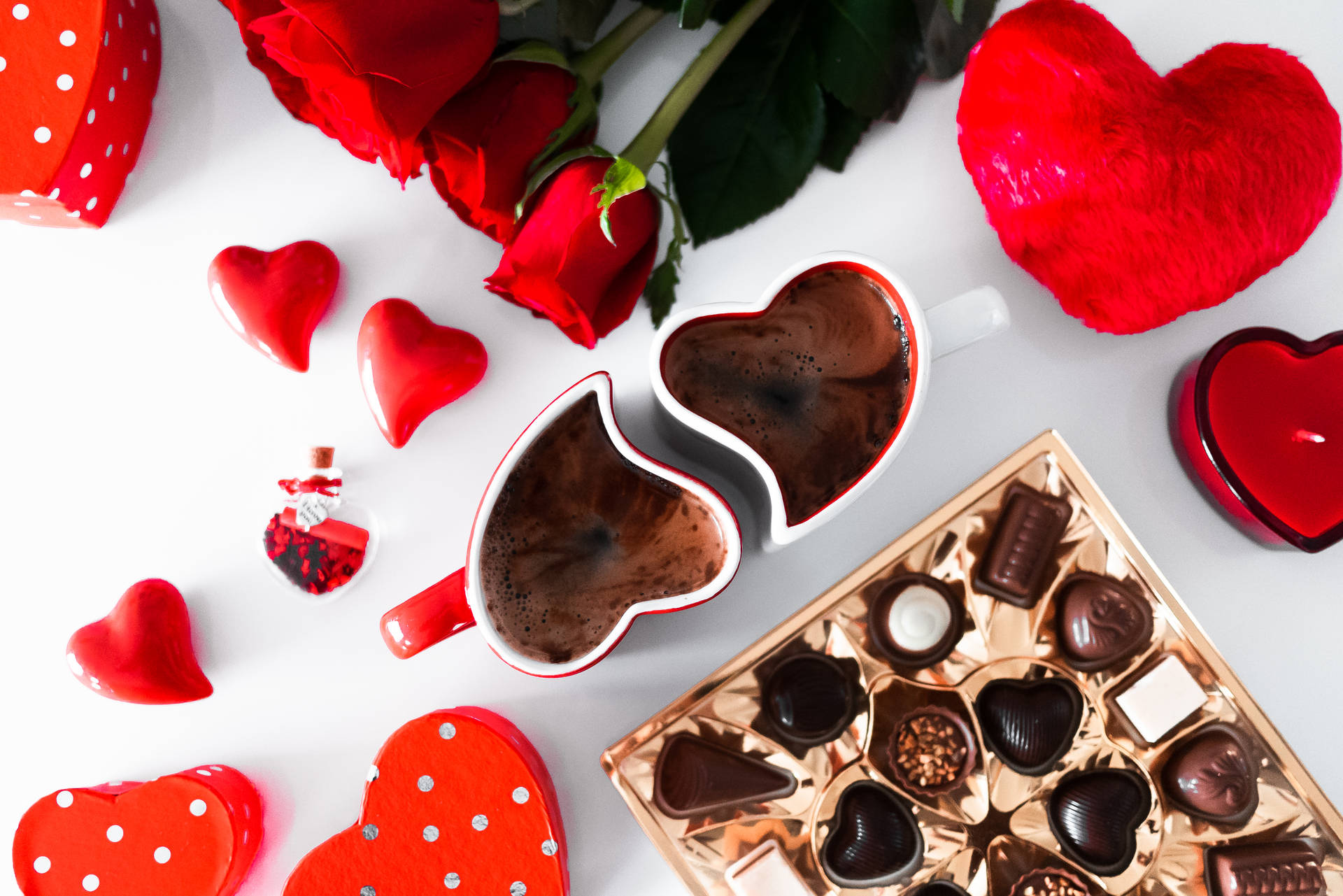 Romantic Love Flowers Roses And Heart Chocolates
