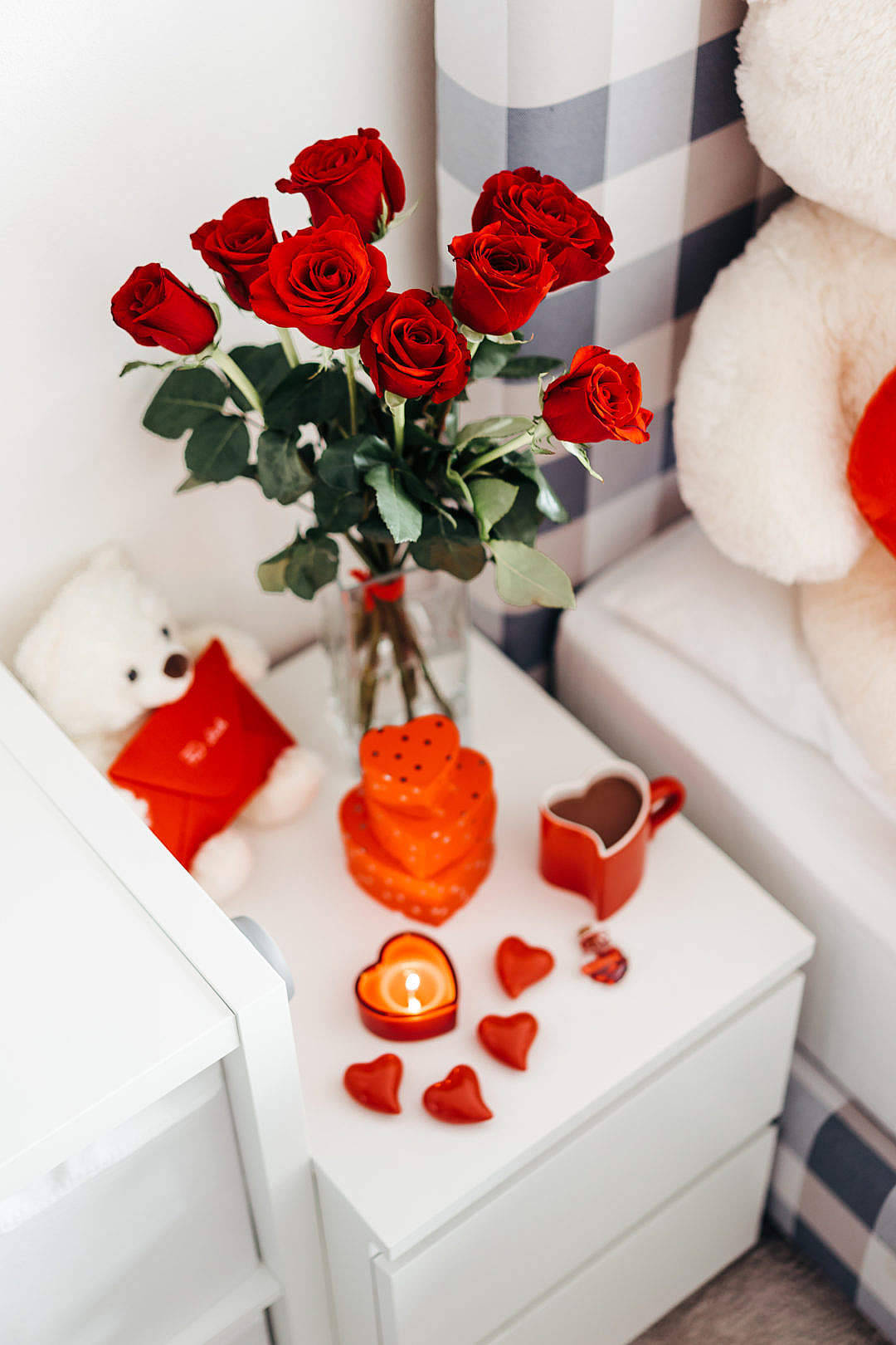 Romantic Love Flowers Roses On Nightstand