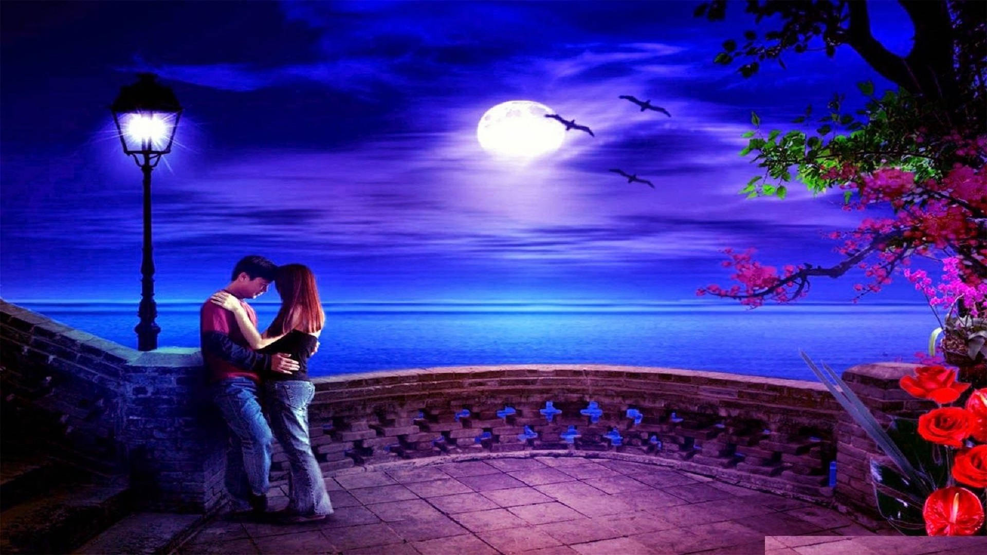 Romantic Love Under The Moon Background