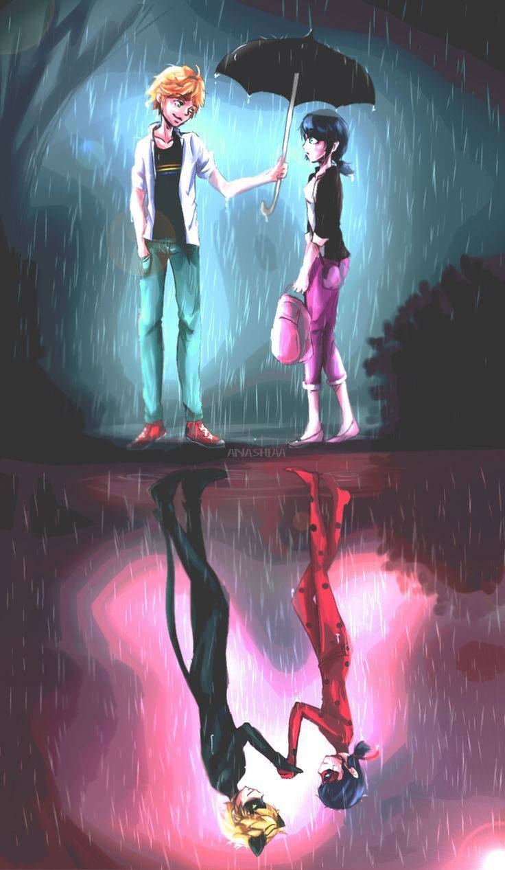 Romantic Miraculous Characters In The Rain Background