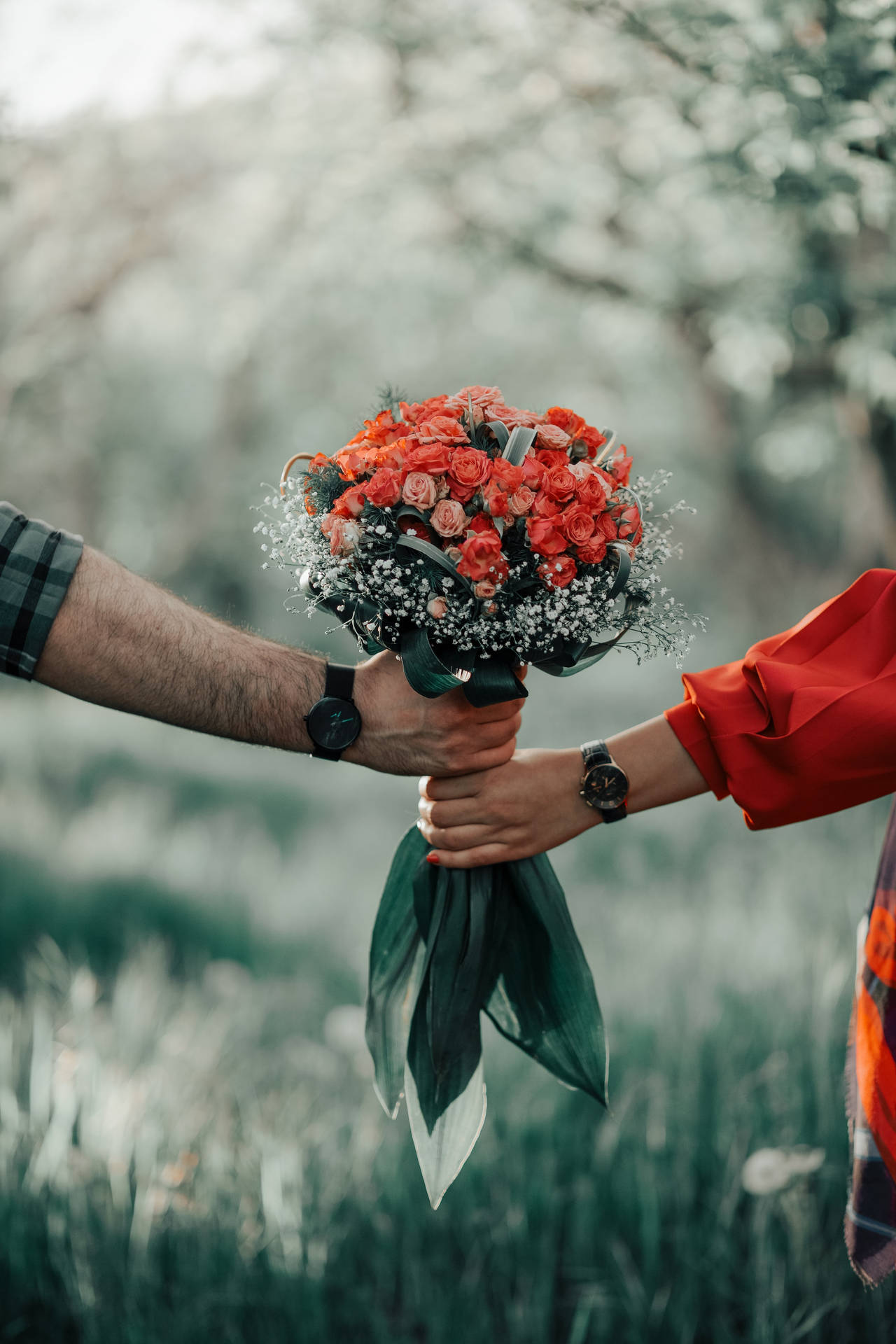 Romantic Red And Orange Roses Flower Bouquet Background