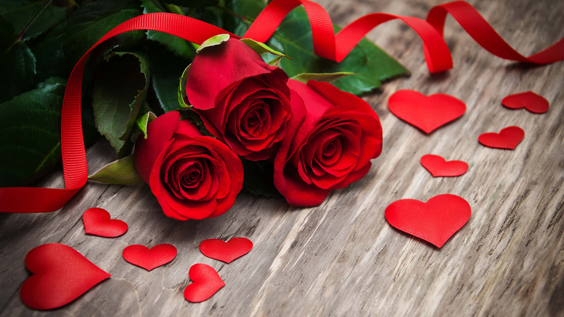 Romantic Red Roses With Hearts Background