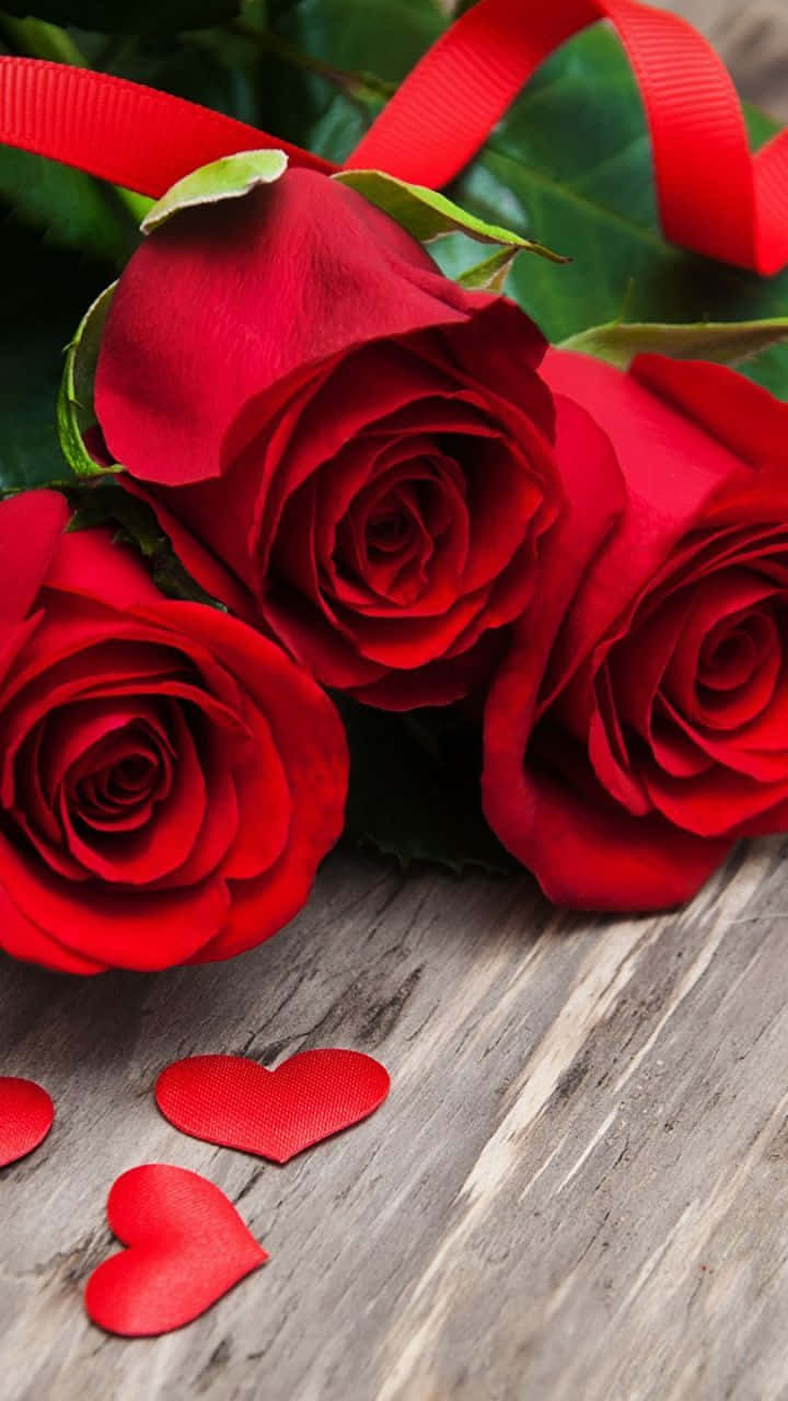 Romantic Red Roses With Hearts Background