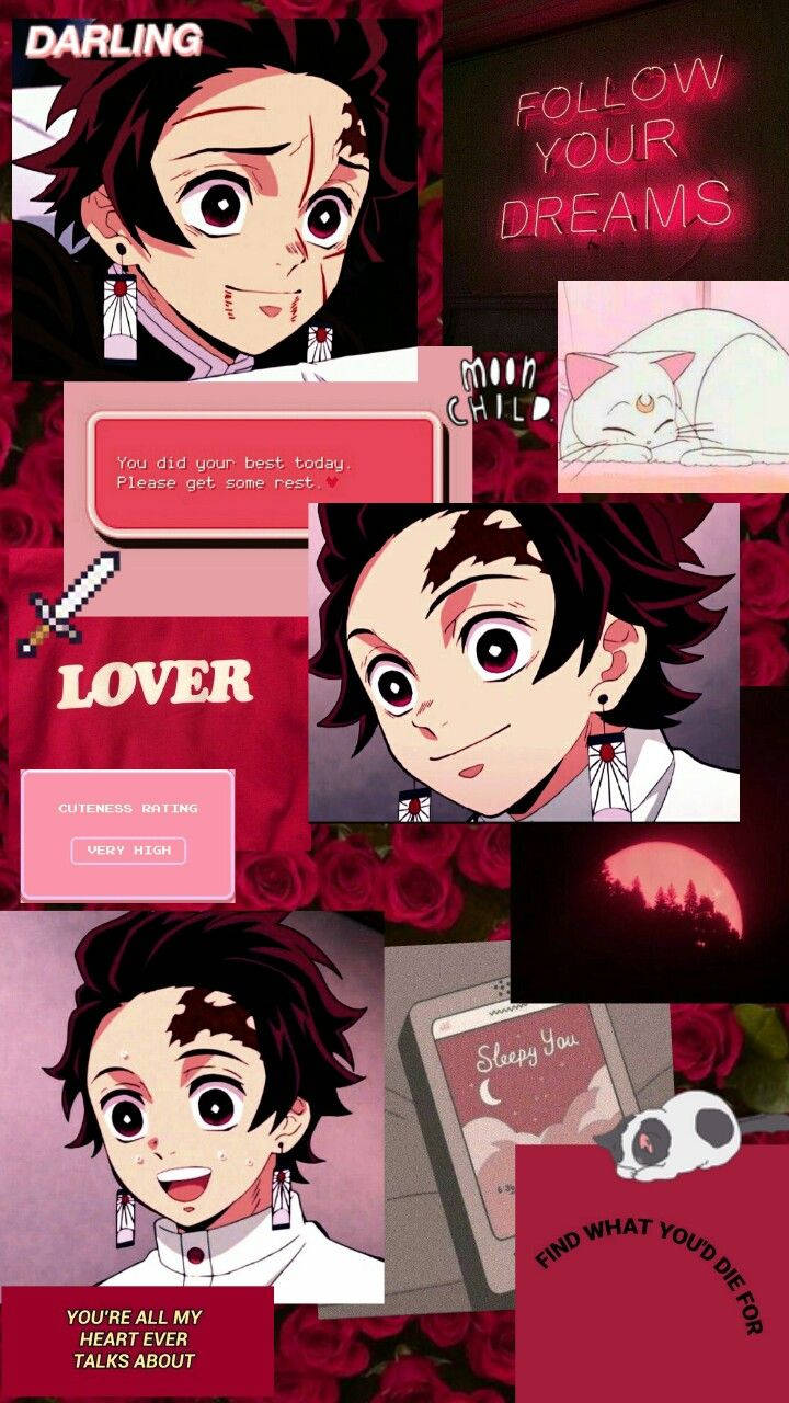 Romantic Red Tanjiro Aesthetic Collage Background