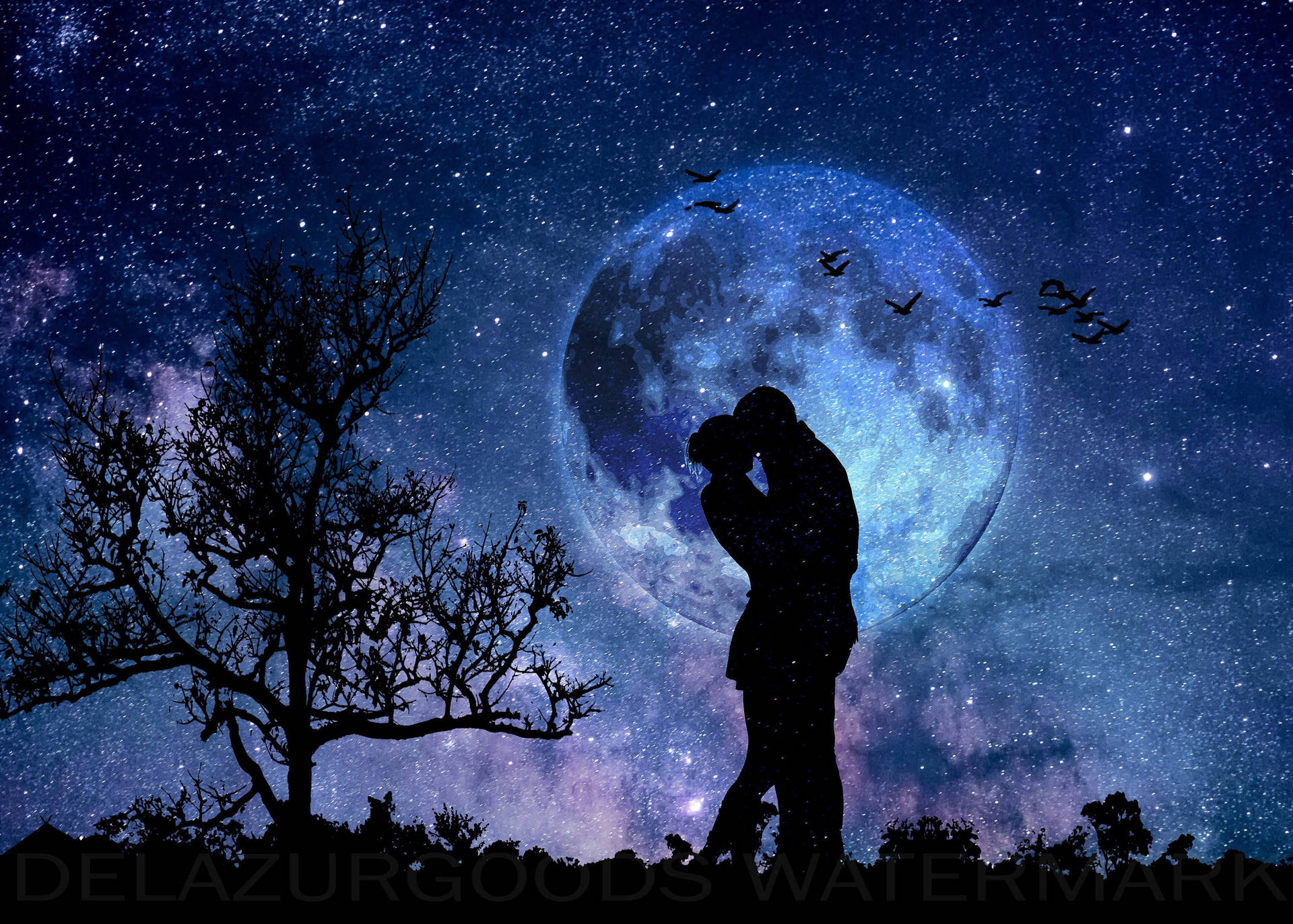 Romantic Scene Witnessed By The Moon Background