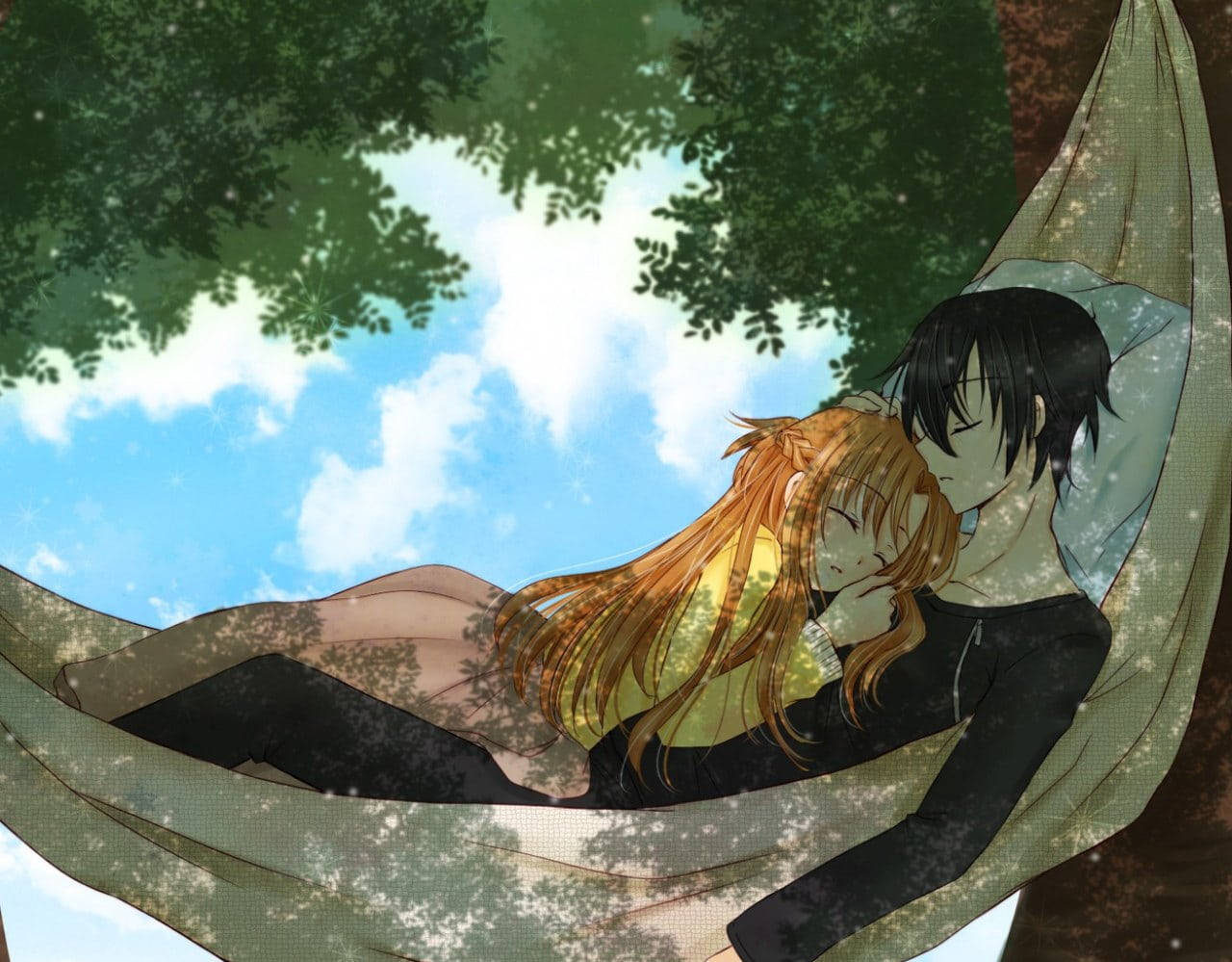 Romatic Anime Couples Kirito Asuna Hammock Background