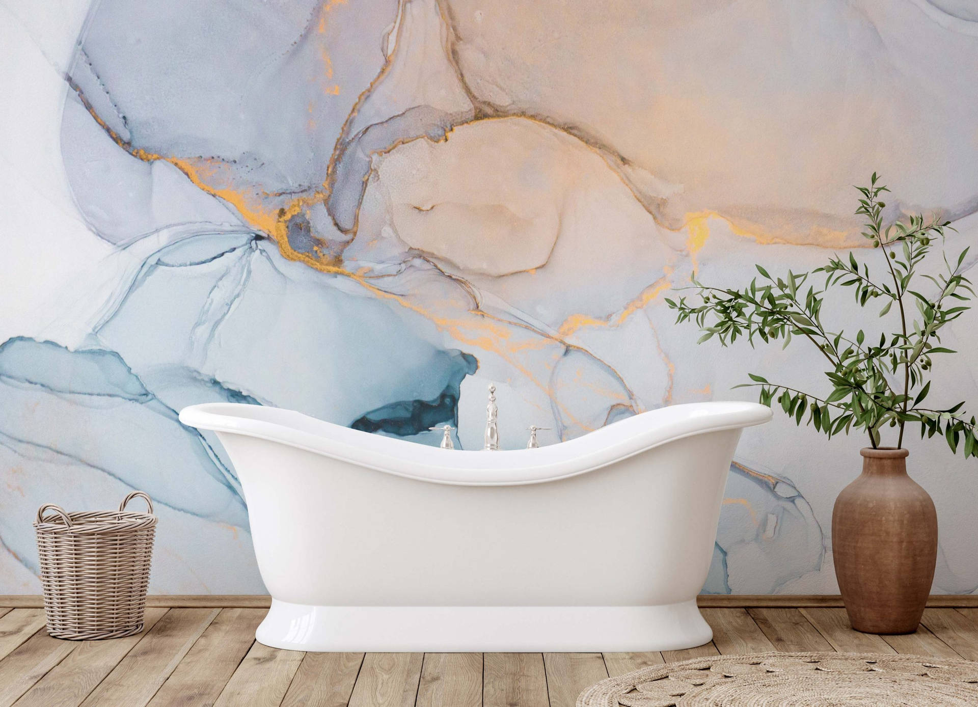 Room White Bathtub Marble Wall Background