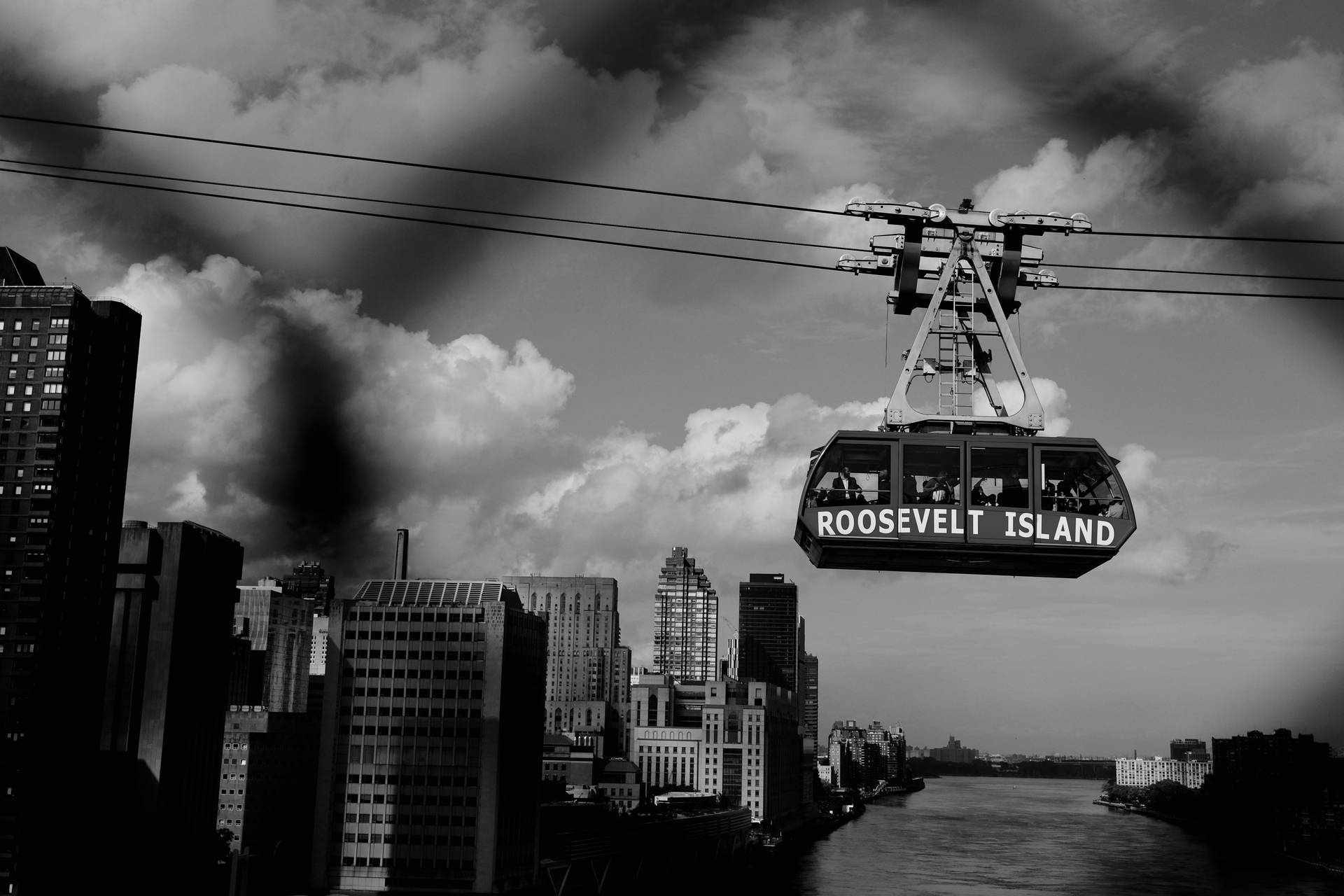 Roosevelt Cable Car New York Black And White Background