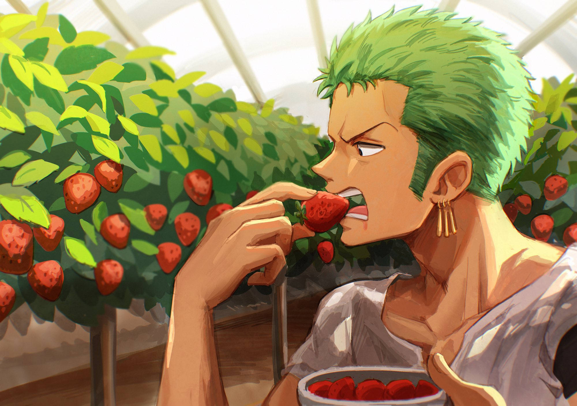 Roronoa Zoro Pfp Eating Strawberries Background