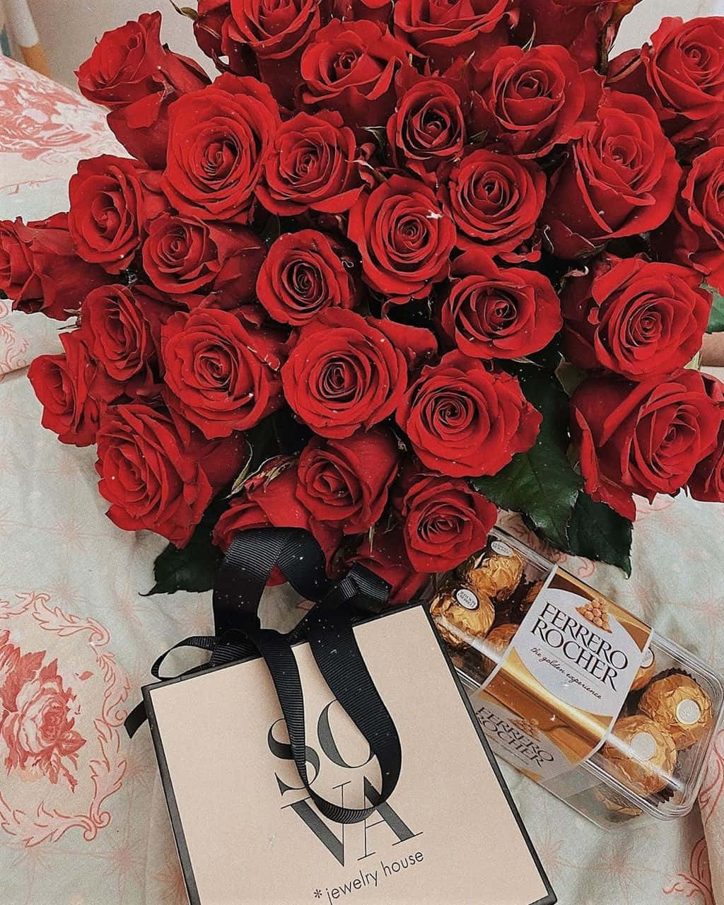 Rose Bouquet, Gift, Chocolate Aesthetic Valentine's Day Background