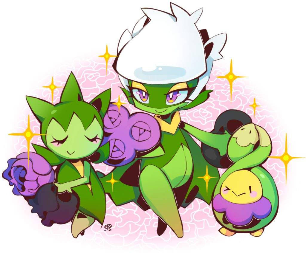 Roselia, Roserade And Budew With Purple Roses