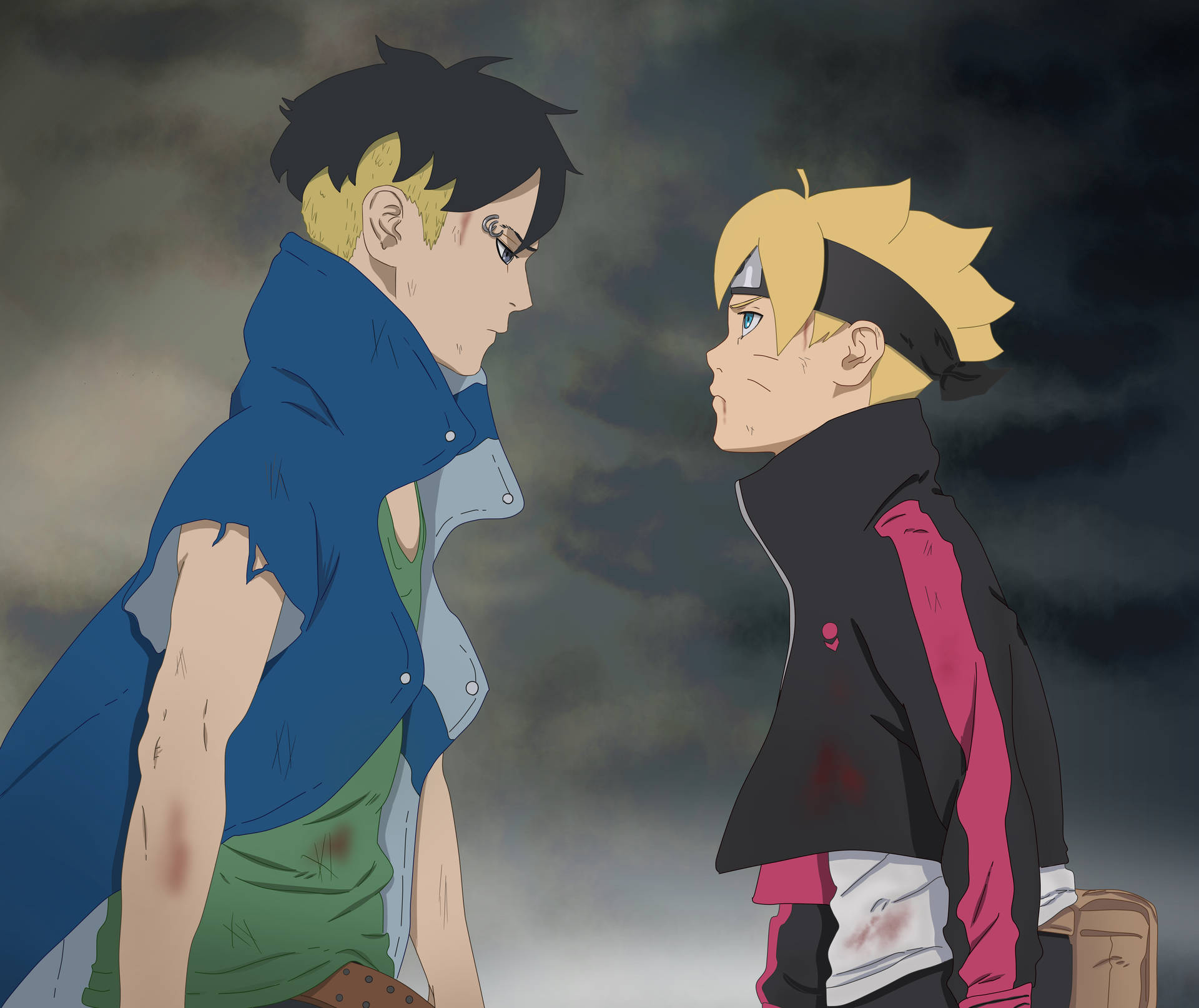 Roughed Up Kawaki And Boruto Background