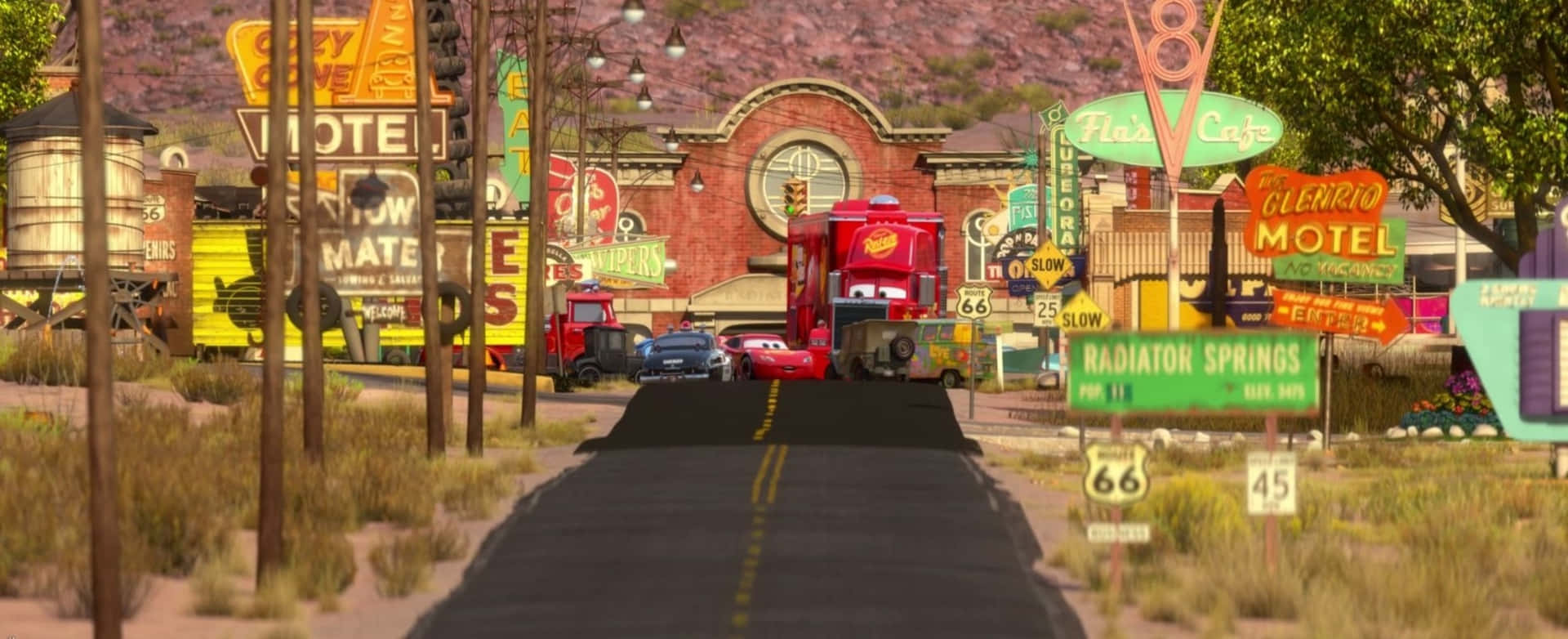 Route 66 Radiator Springs Disney Movie Cars Still Shot Background