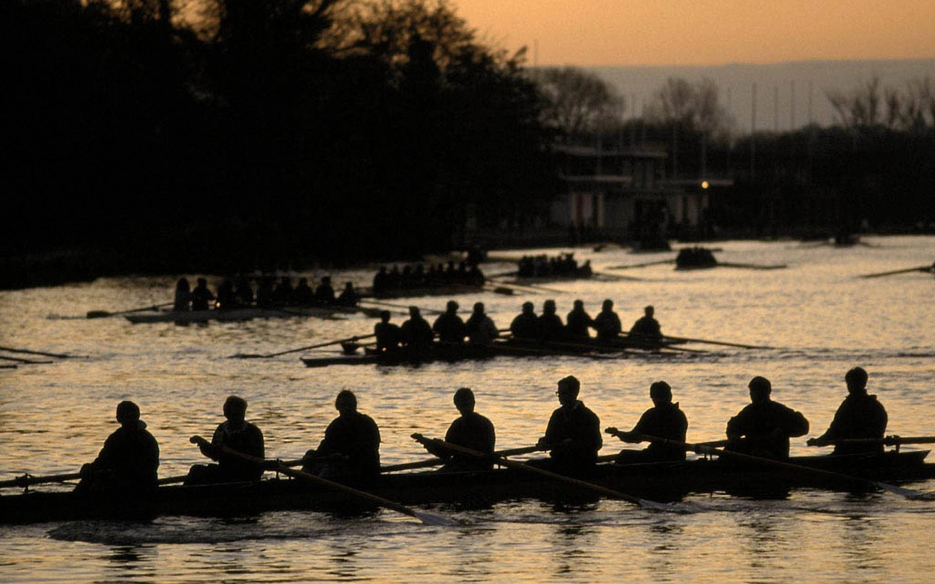 Rowing Crews Silhouette Sunset Background