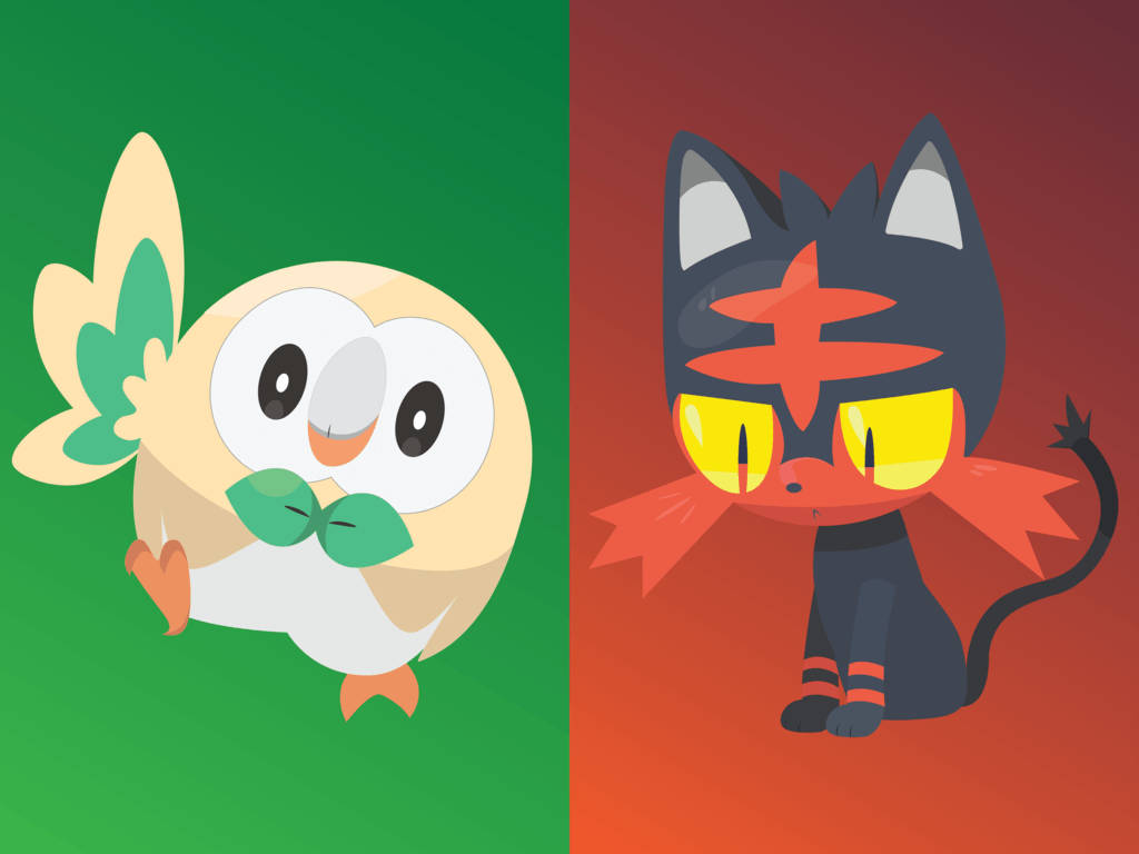 Rowlet Green Litten Red Background