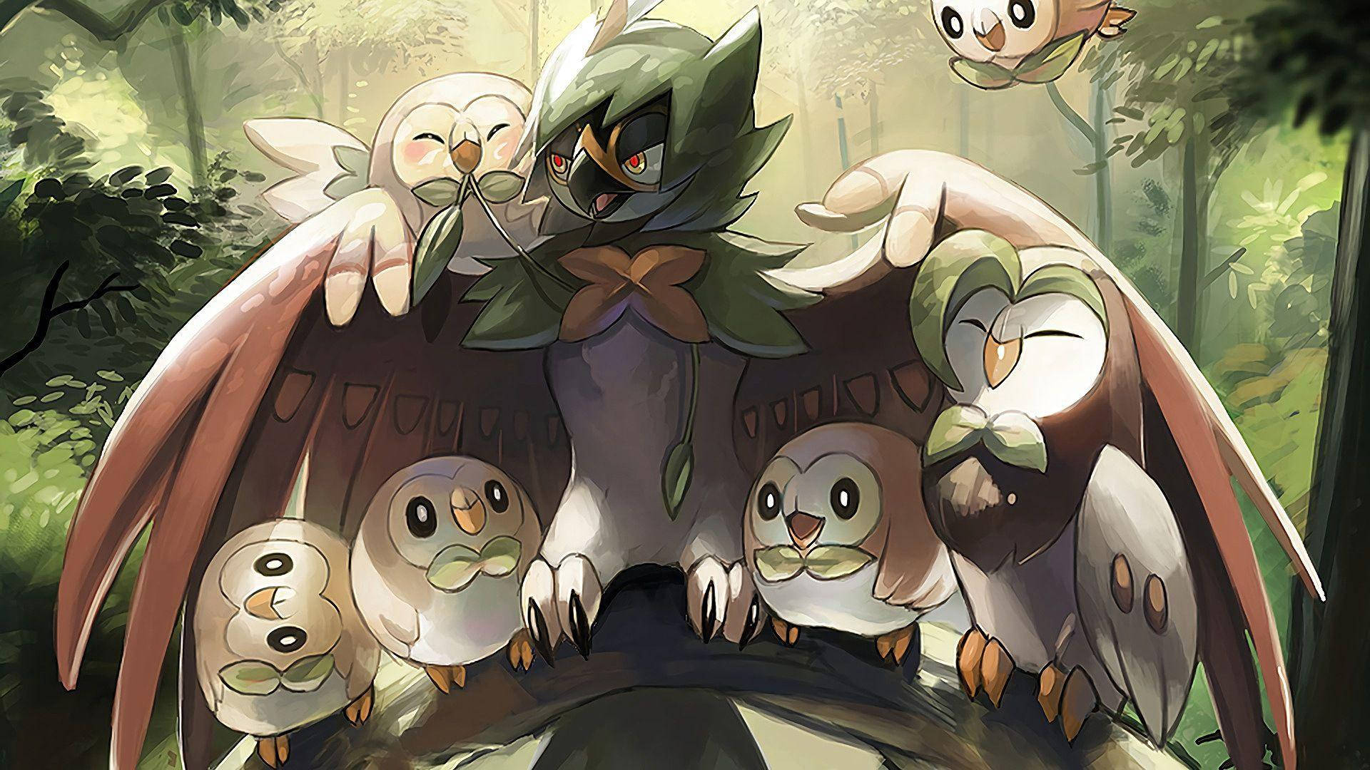 Rowlet Protected By Decidueye Background