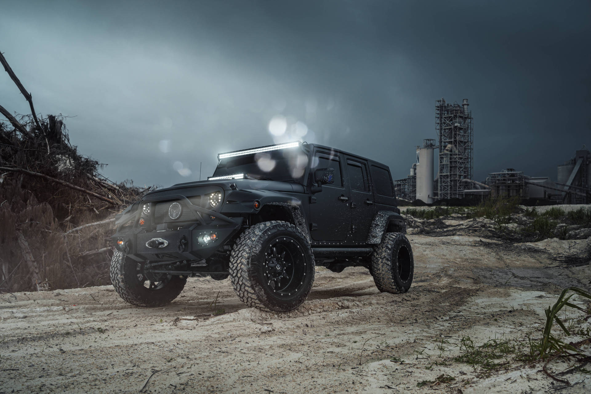 Rugged Black Jeep Wrangler In Construction Site