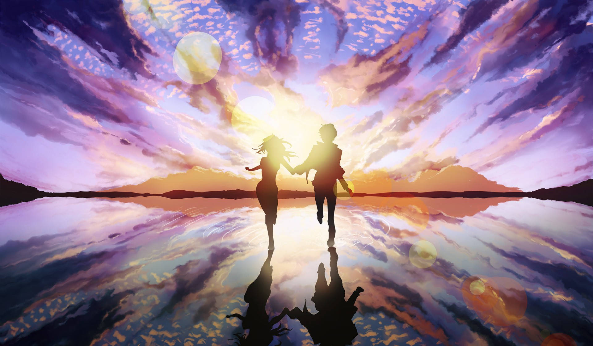 Running Girl And Boy Anime Holding Hands Background