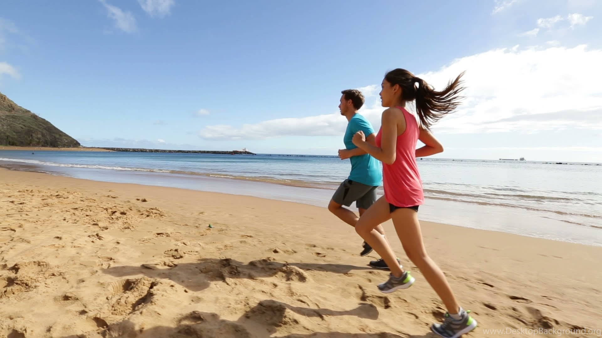 Running Girl And Boy In Beach Background