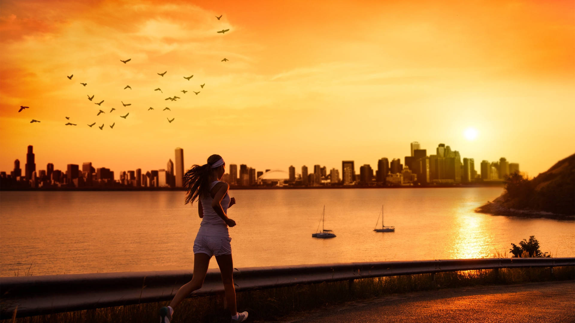 Running Woman Sunset Background