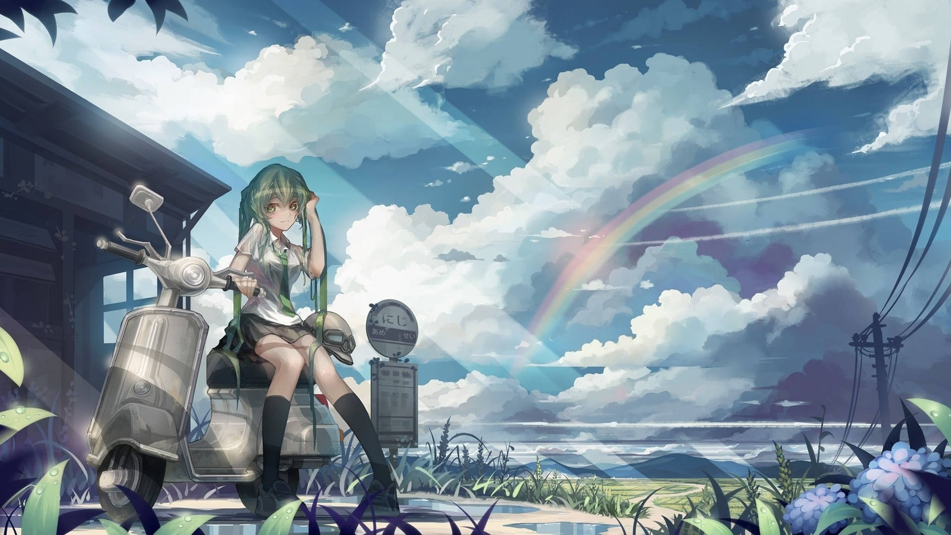 Rural Girl Rainbow Anime Art Background