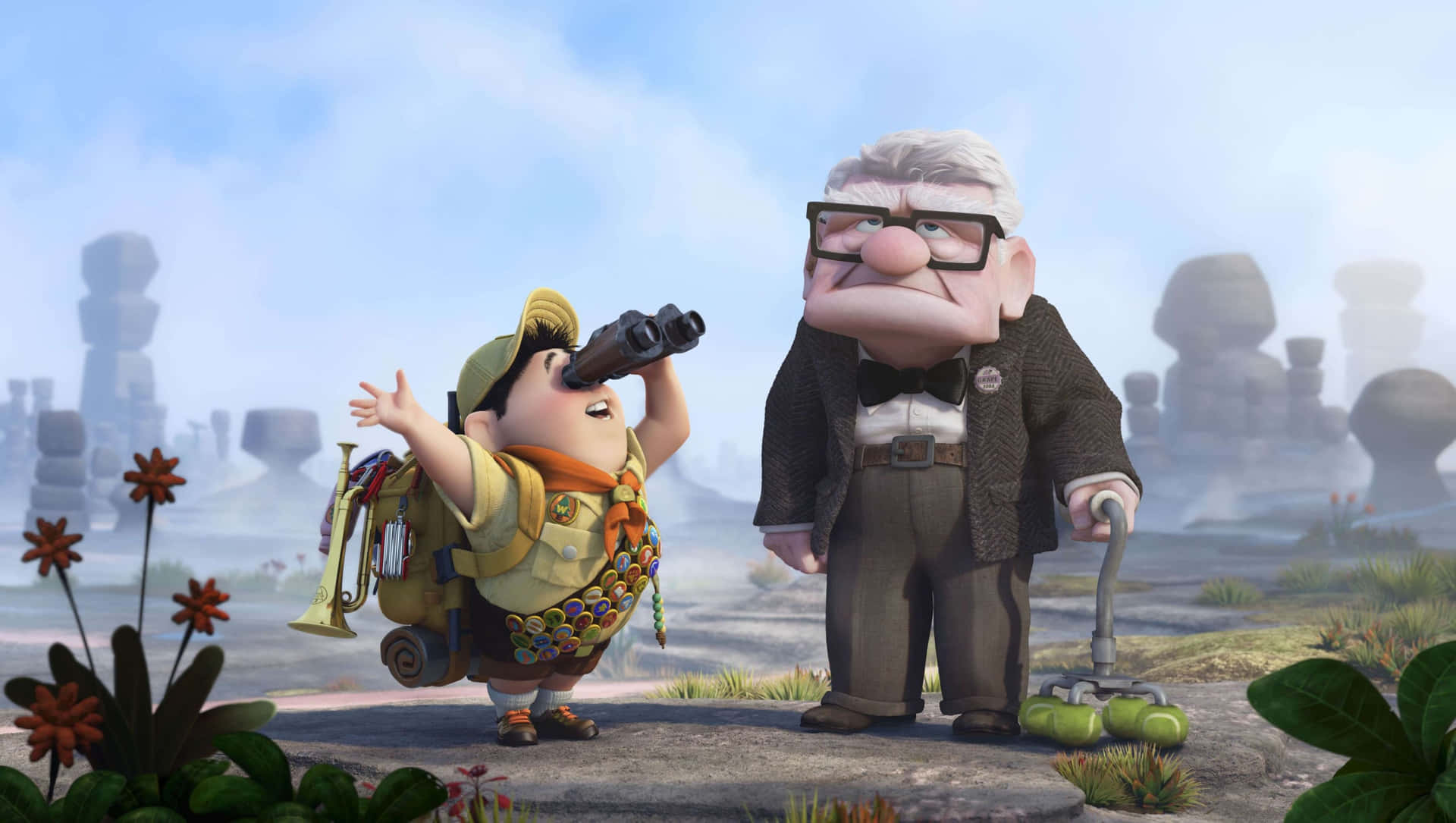 Russel Looking Through Binoculars With Carl In Up Movie Background