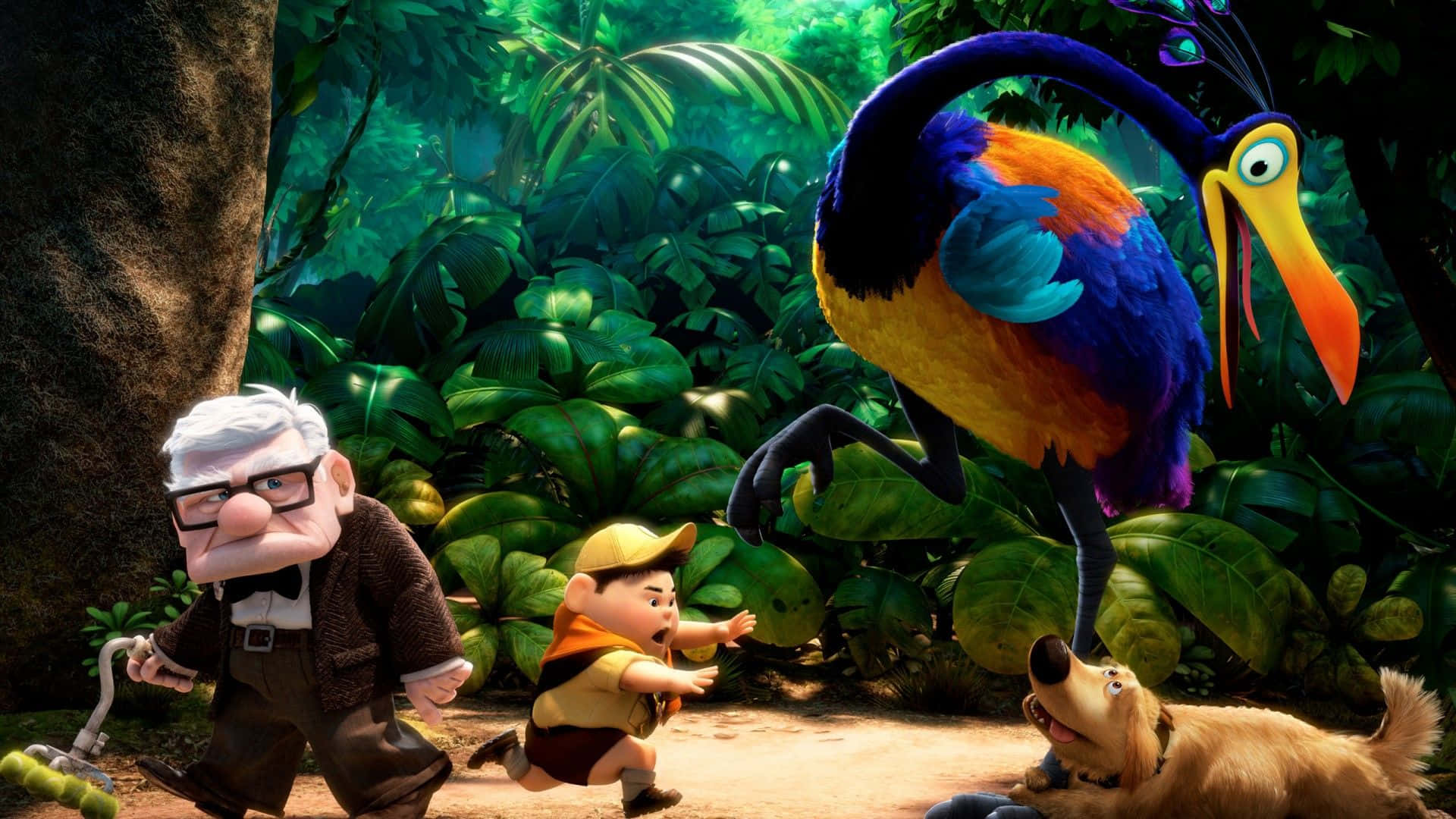 Russel Protecting Dug From Kevin In Up Movie Background