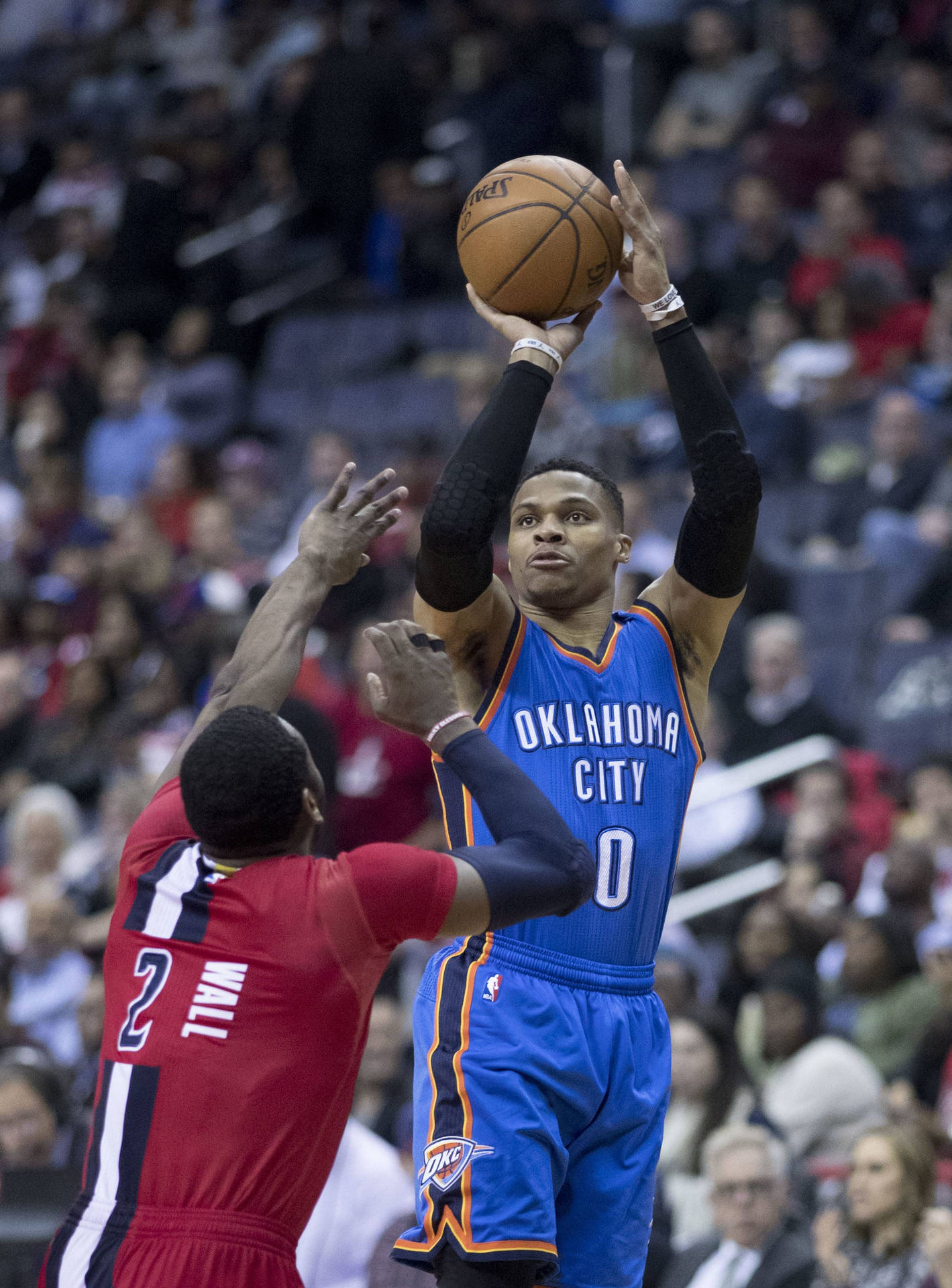 Russell Westbrook Aiming To Shoot Ball Background