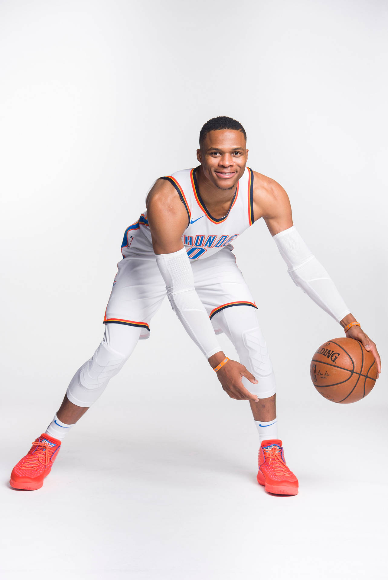 Russell Westbrook Dribbling Ball Portrait Background