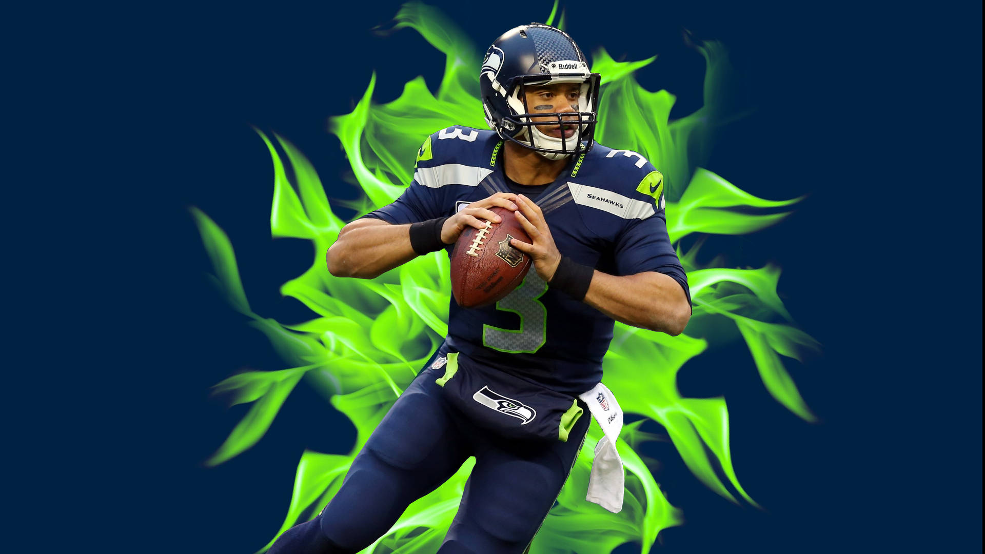 Russell Wilson In Front Of Green Flames Background