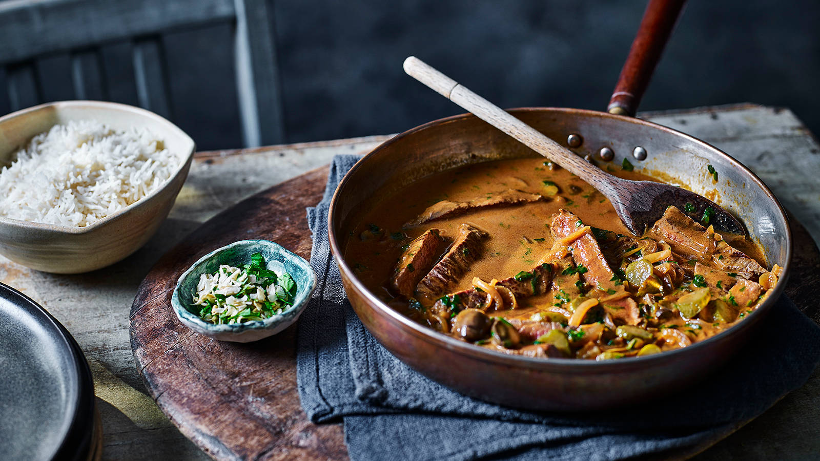 Russian Cuisine Beef Stroganoff In A Pan Background