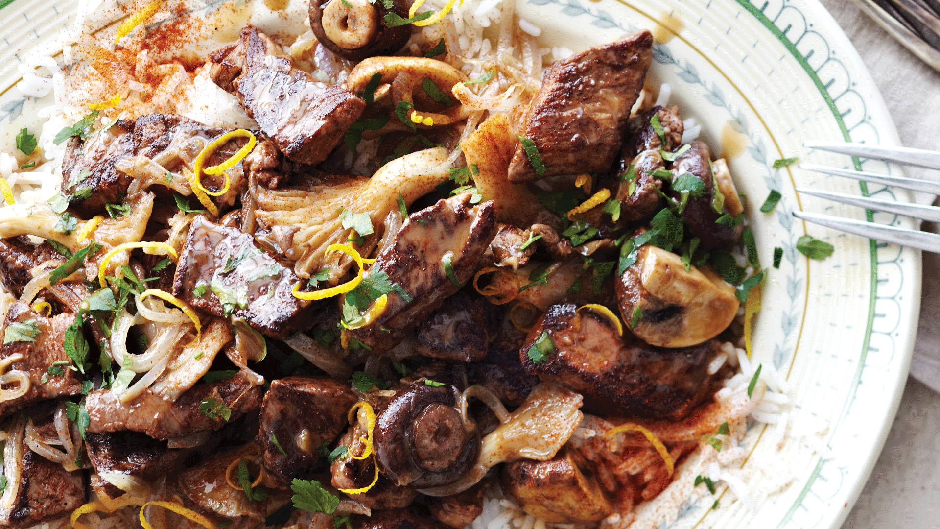 Russian Dish Beef Stroganoff On Rice Background