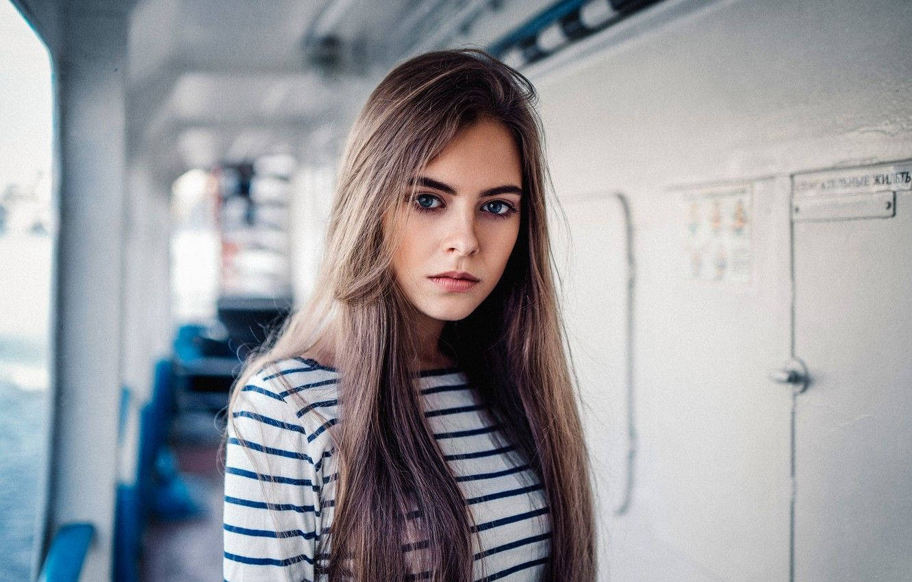 Russian Girl In Blue White Hallway Background