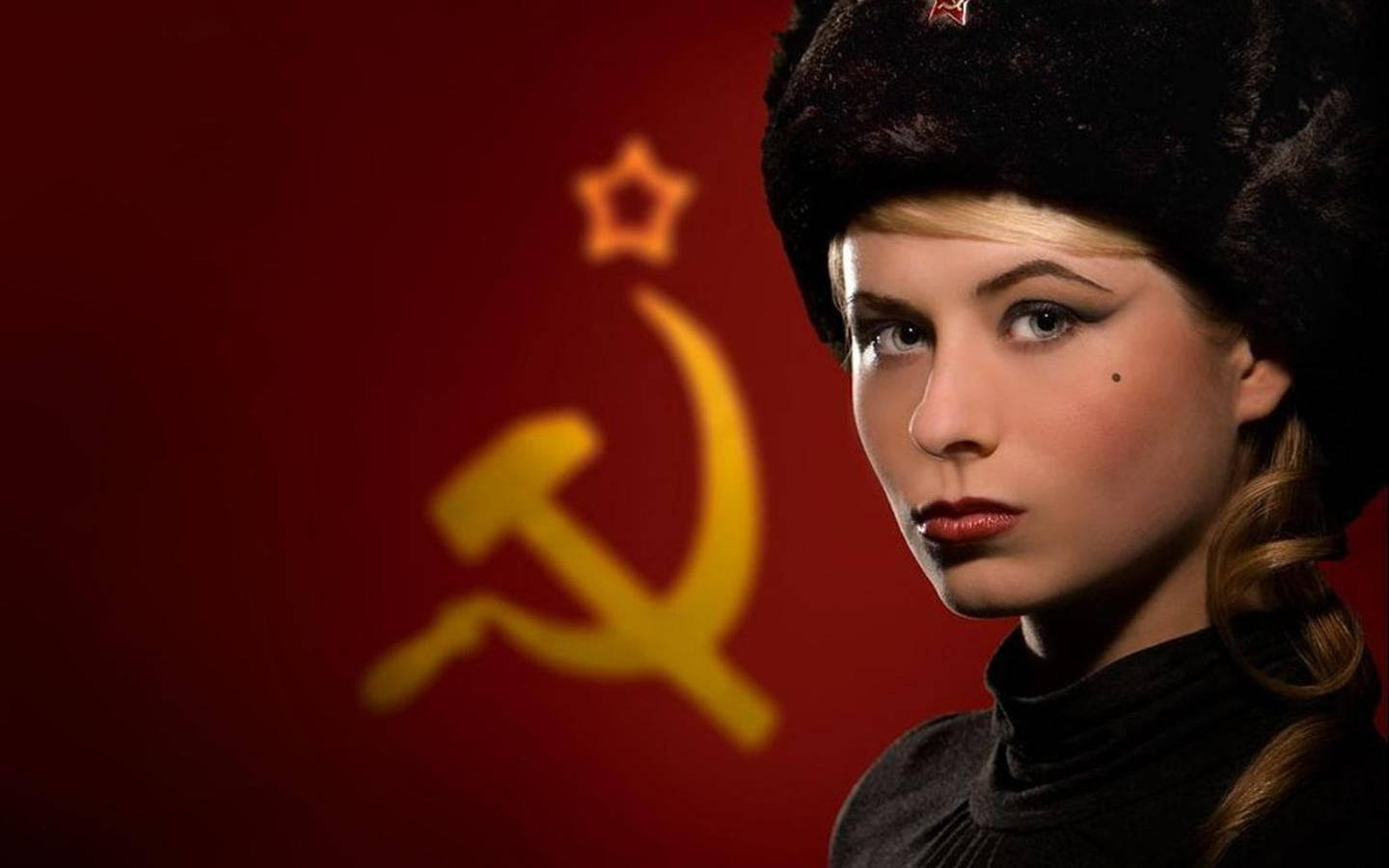 Russian Girl With Communist Flag Background