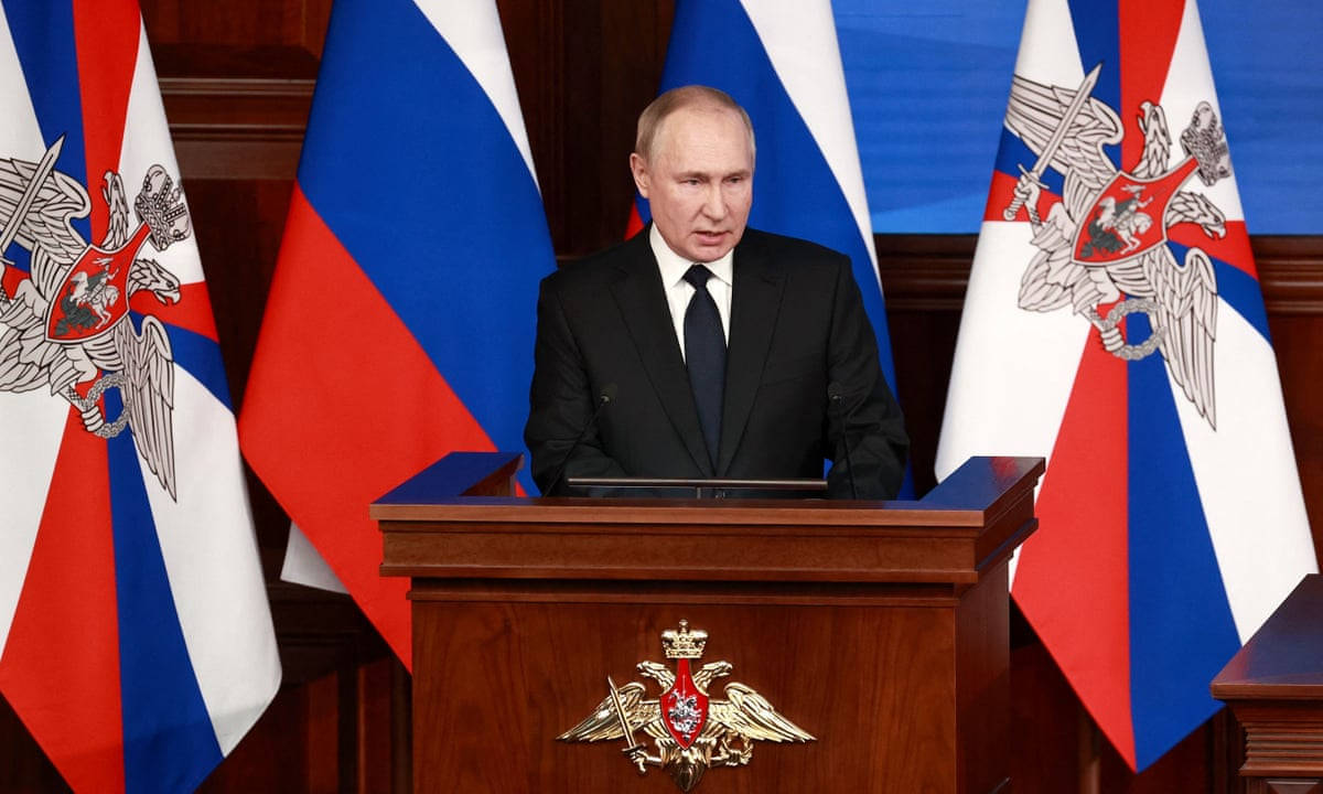 Russian President Vladimir Putin Delivering A Speech On A Wooden Podium Background