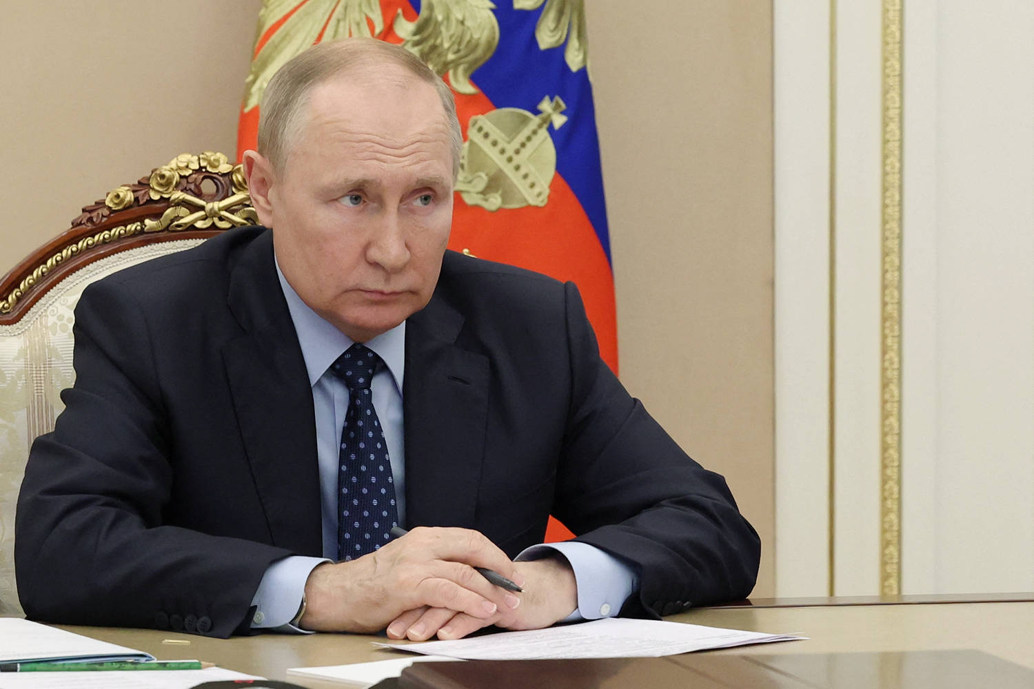 Russian President, Vladimir Putin, Engaged In A Conference Background